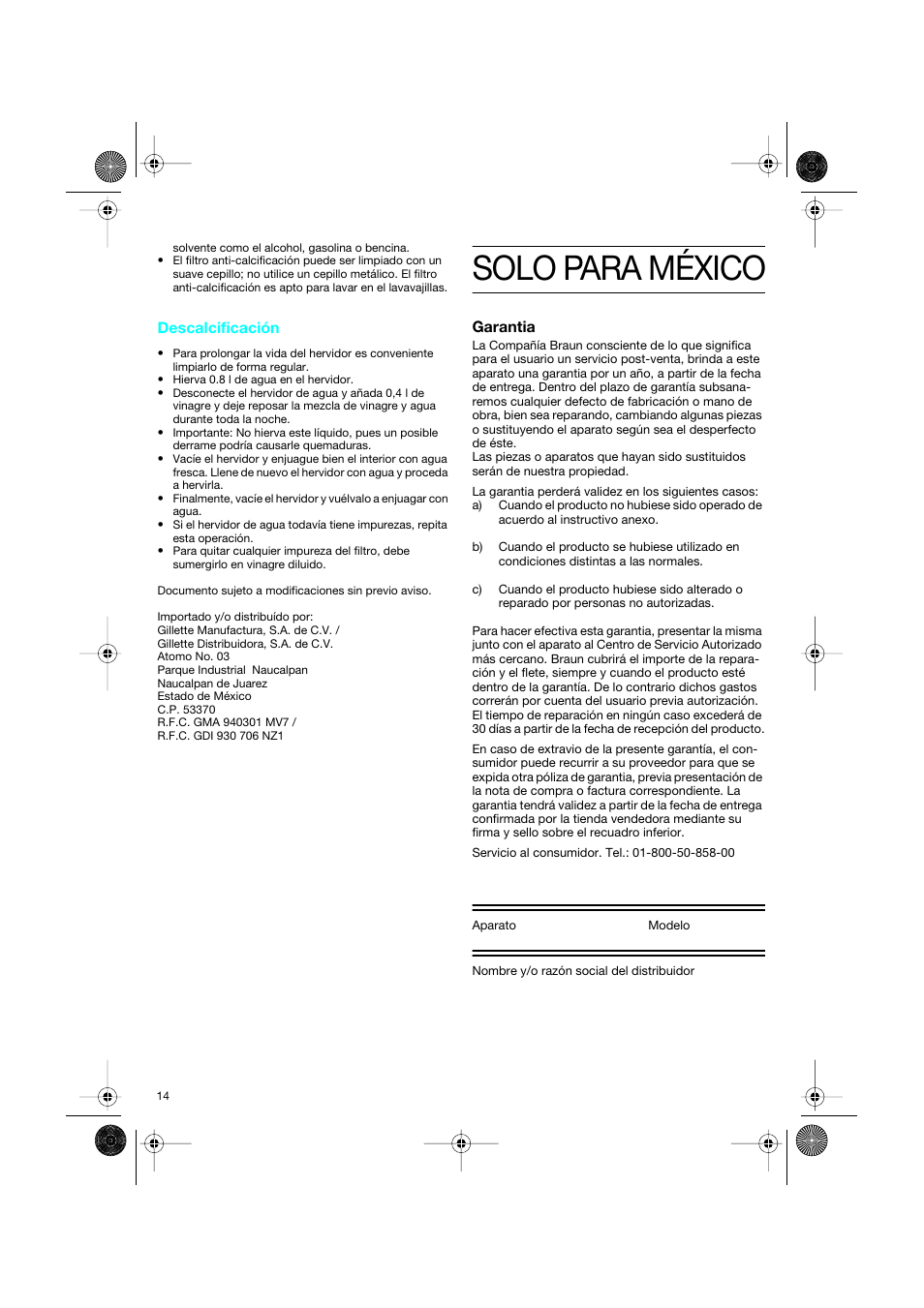 Solo para méxico | Braun Sommelier WK 600 User Manual | Page 14 / 14