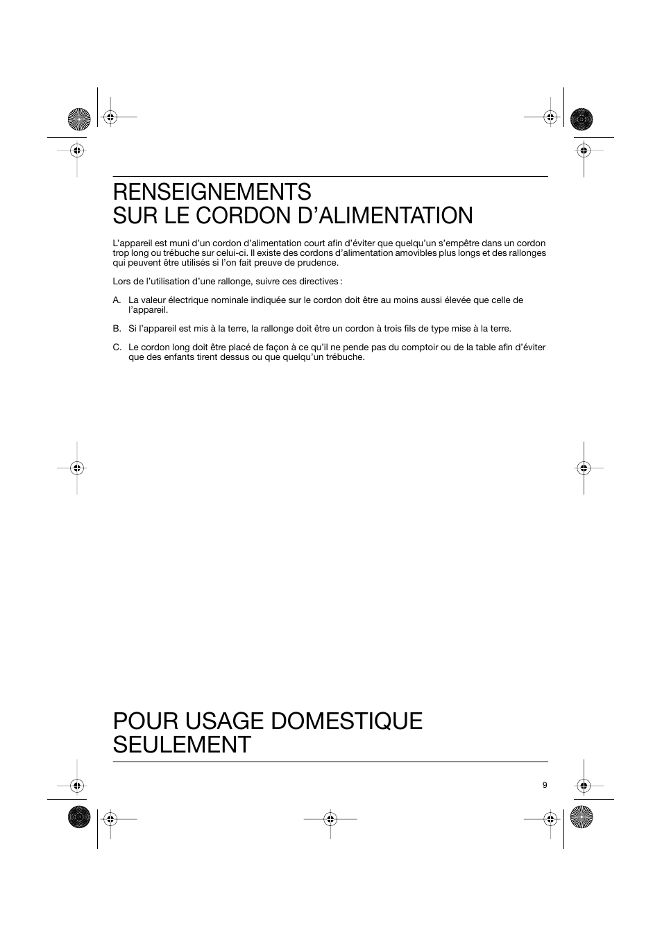 Renseignements sur le cordon d’alimentation, Pour usage domestique seulement | Braun Sommelier WK 600 User Manual | Page 9 / 14