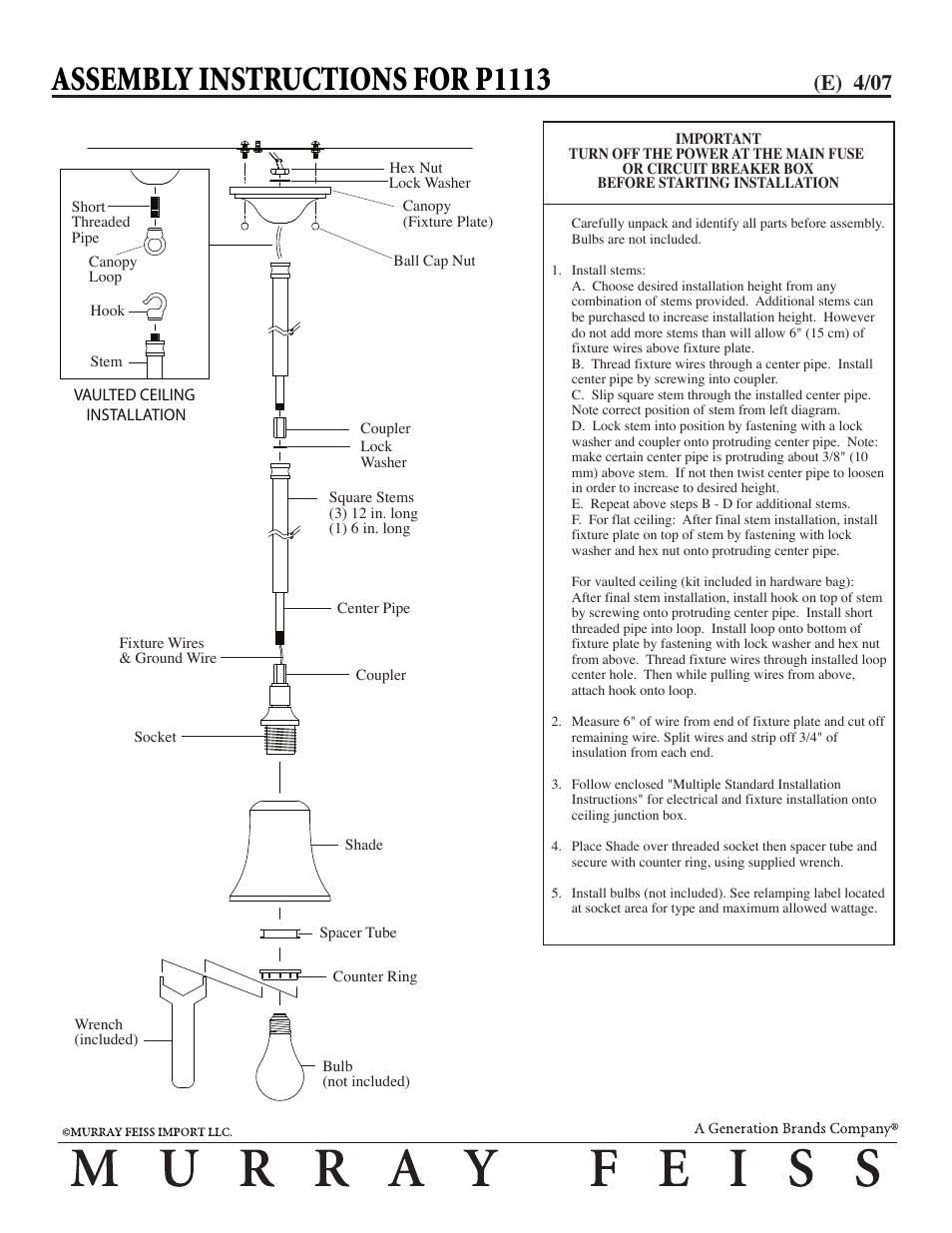 Feiss P1113 User Manual | 1 page