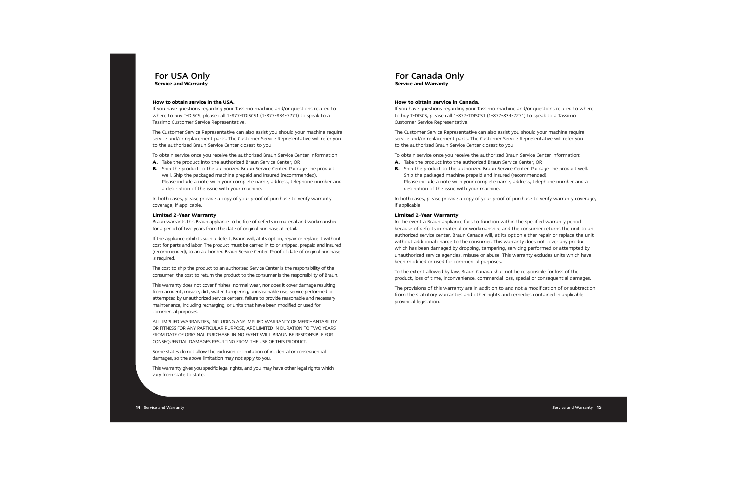 For usa only, For canada only | Braun Hot Beverage Machine User Manual | Page 10 / 31