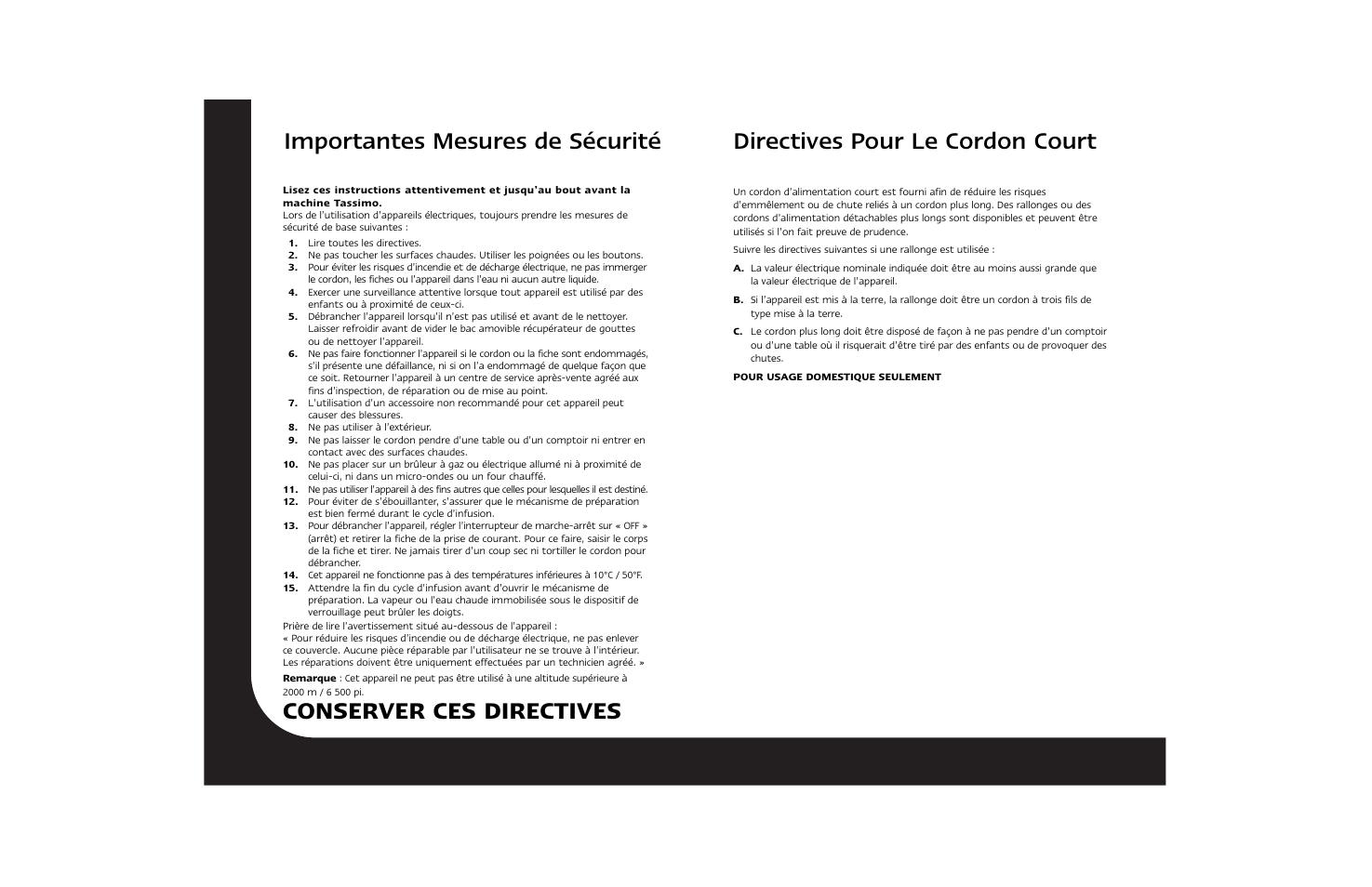 Directives pour le cordon court, Importantes mesures de sécurité, Conserver ces directives | Braun Hot Beverage Machine User Manual | Page 12 / 31