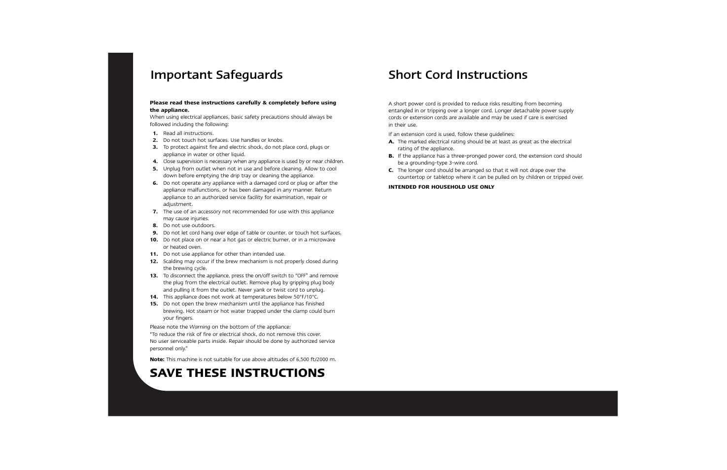 Important safeguards short cord instructions, Save these instructions | Braun Hot Beverage Machine User Manual | Page 2 / 31