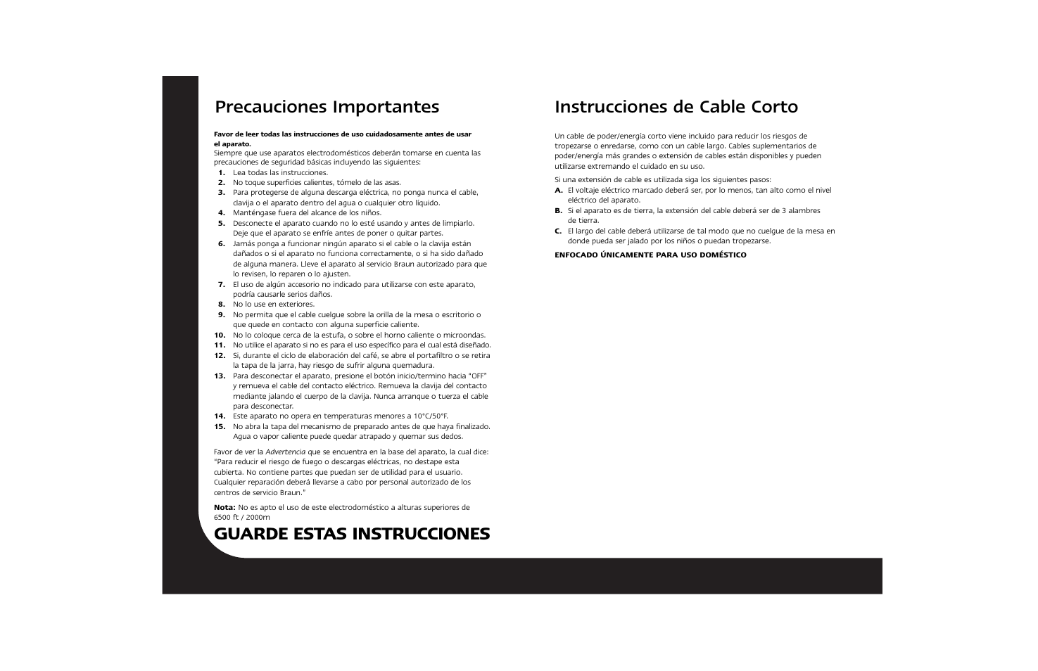 Instrucciones de cable corto, Precauciones importantes, Guarde estas instrucciones | Braun Hot Beverage Machine User Manual | Page 22 / 31