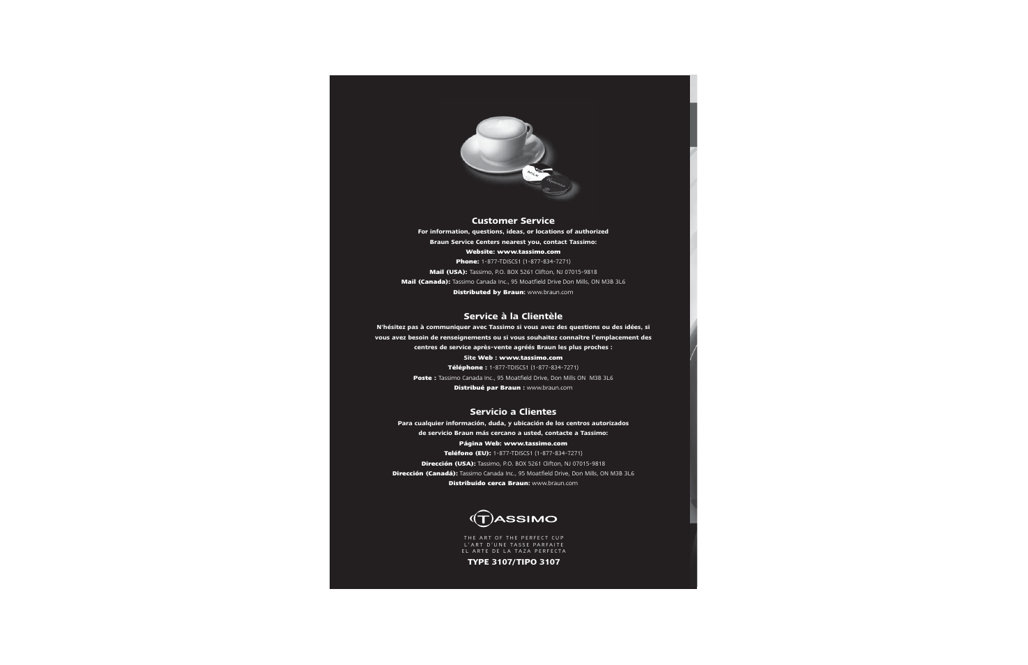 Customer service, Service à la clientèle, Servicio a clientes | Braun Hot Beverage Machine User Manual | Page 31 / 31