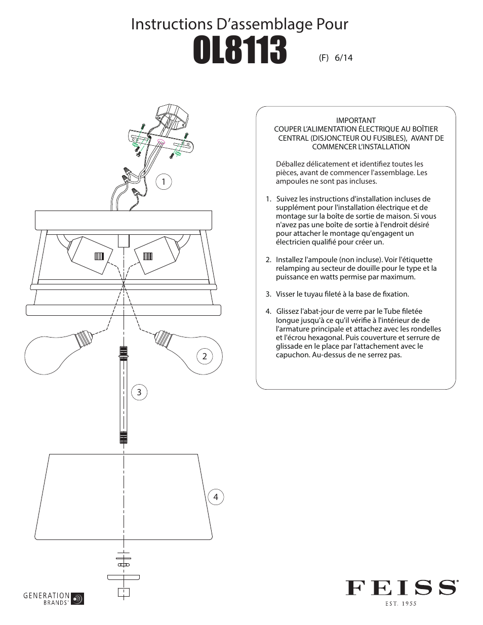 Ol8113, Instructions d’assemblage pour | Feiss OL8113 User Manual | Page 2 / 3
