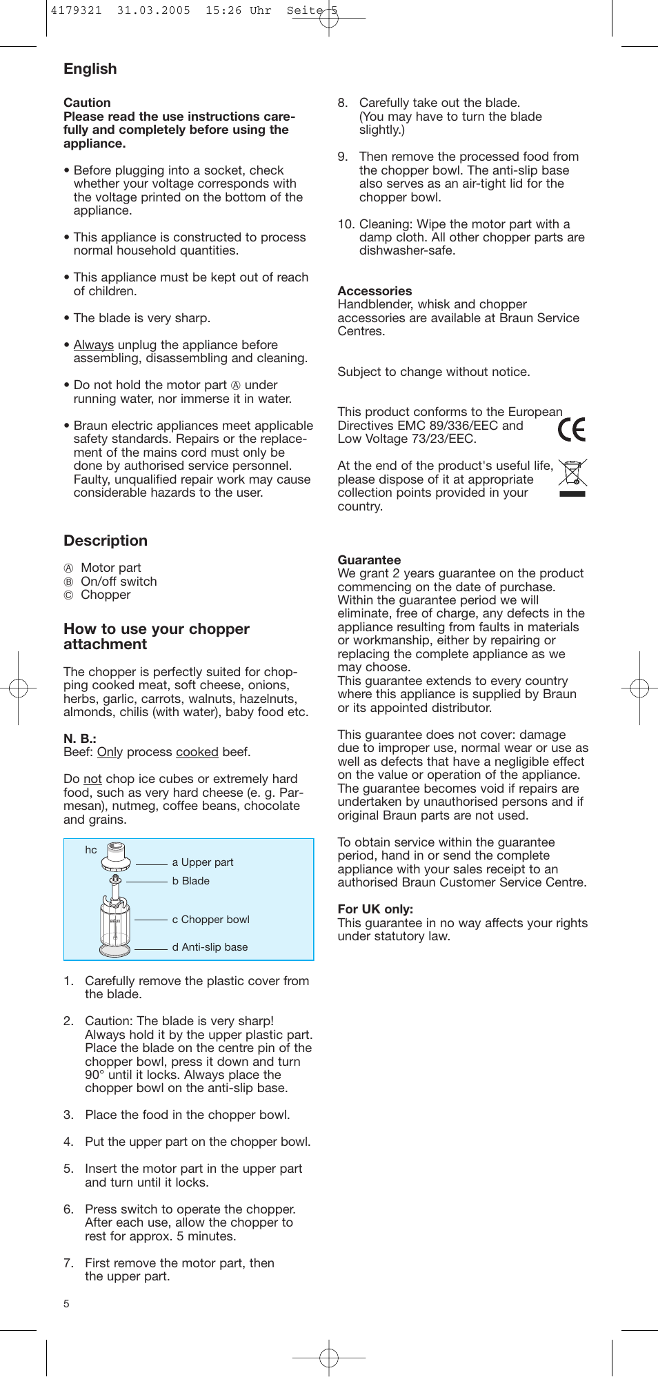 English, Description, How to use your chopper attachment | Braun CH 100 User Manual | Page 5 / 17