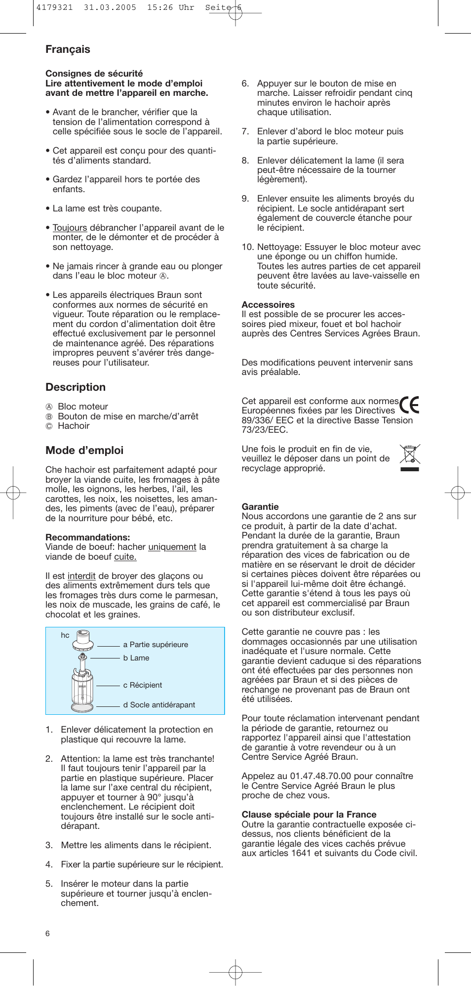 Français, Description, Mode d’emploi | Braun CH 100 User Manual | Page 6 / 17