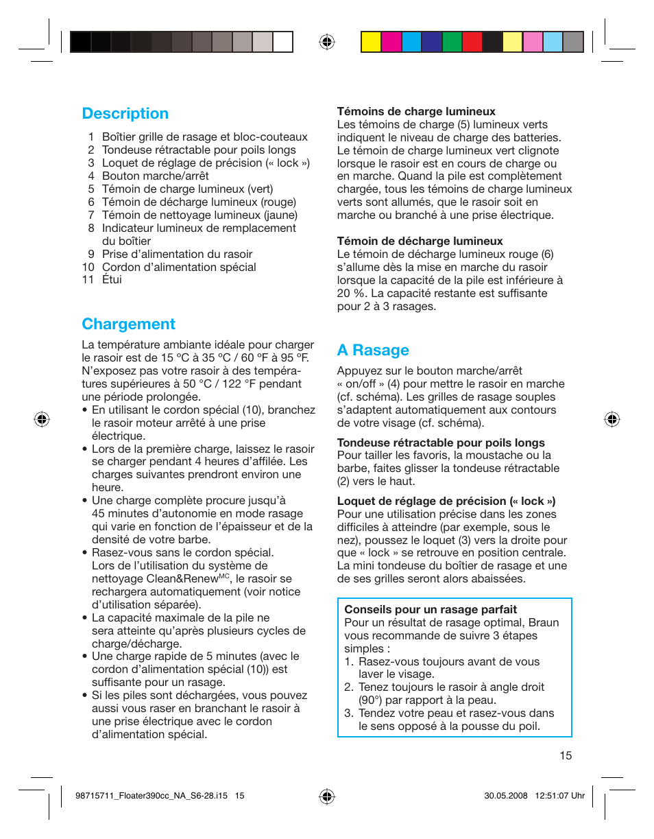 Description, Chargement, A rasage | Braun 370cc User Manual | Page 15 / 26