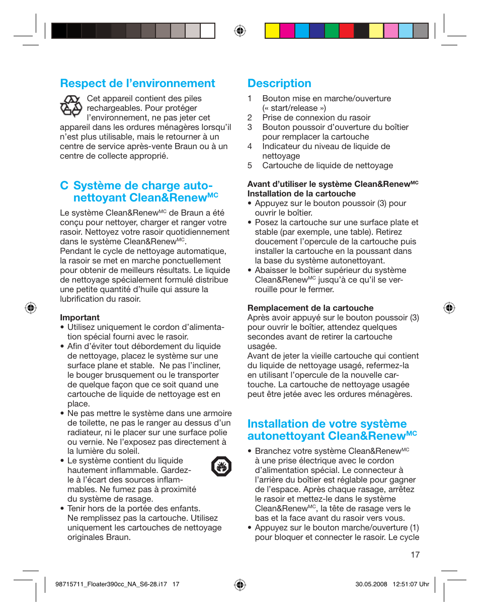 Respect de l’environnement, C système de charge auto- nettoyant clean&renew, Description | Braun 370cc User Manual | Page 17 / 26