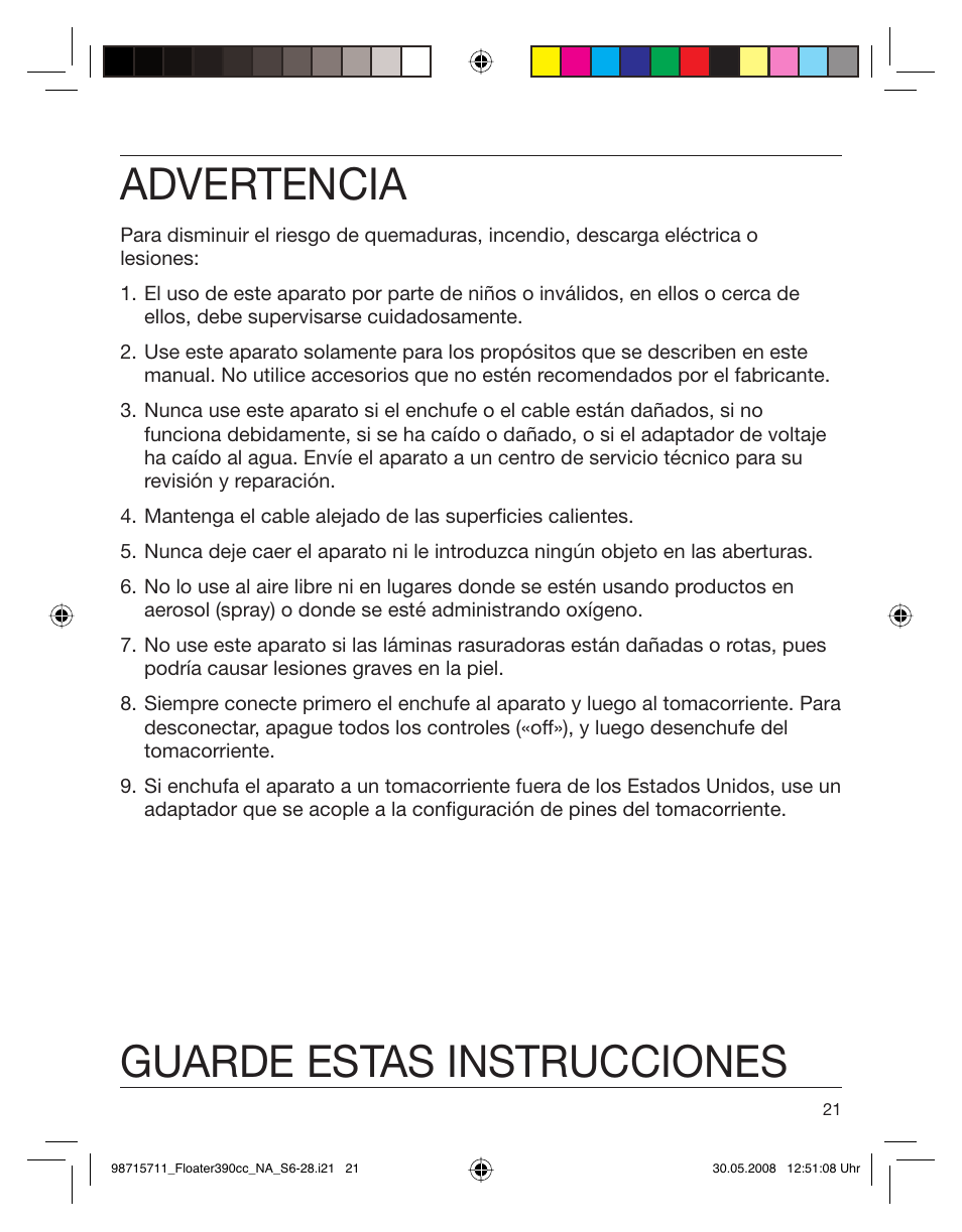 Advertencia, Guarde estas instrucciones | Braun 370cc User Manual | Page 21 / 26