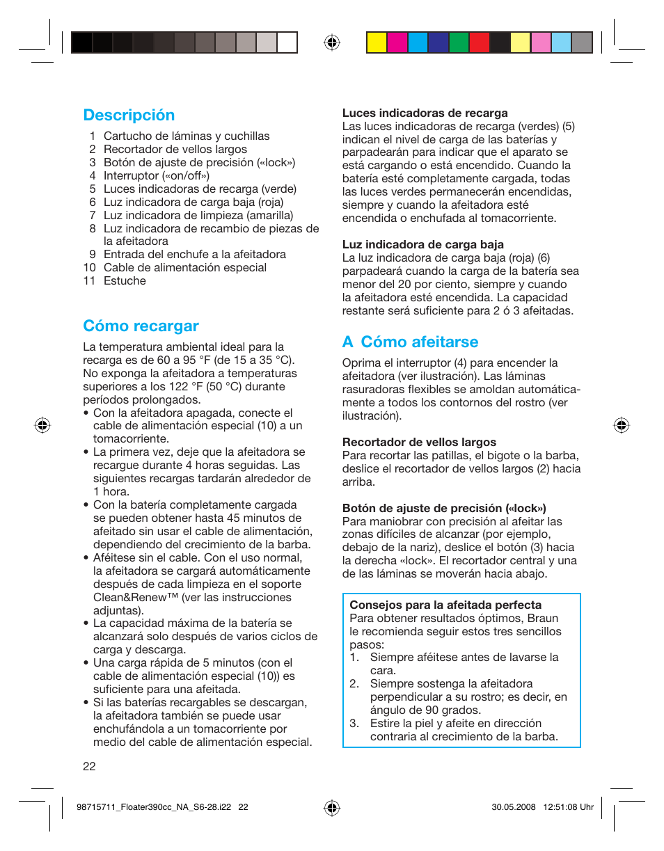 Descripción, Cómo recargar, A cómo afeitarse | Braun 370cc User Manual | Page 22 / 26