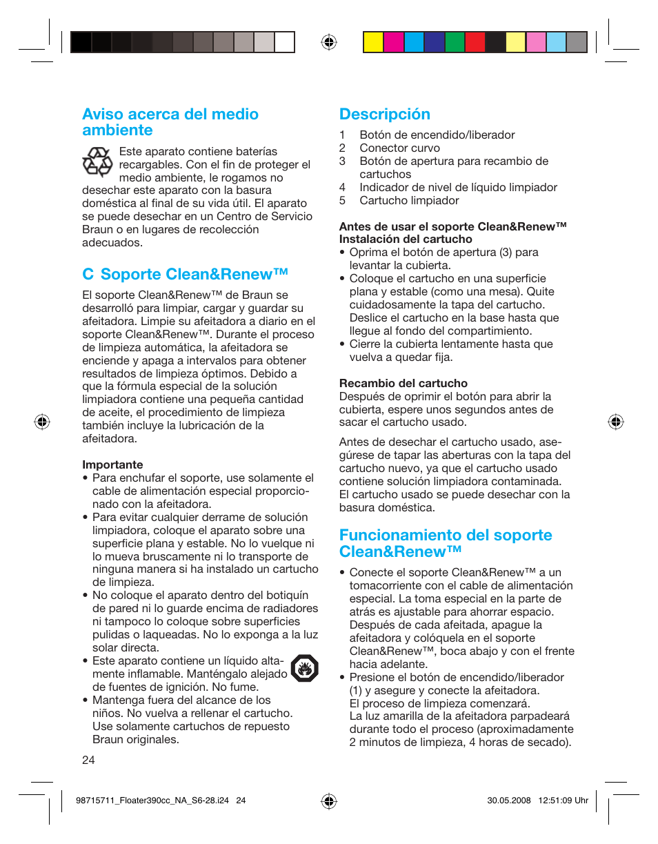 Aviso acerca del medio ambiente, C soporte clean&renew, Descripción | Funcionamiento del soporte clean&renew | Braun 370cc User Manual | Page 24 / 26