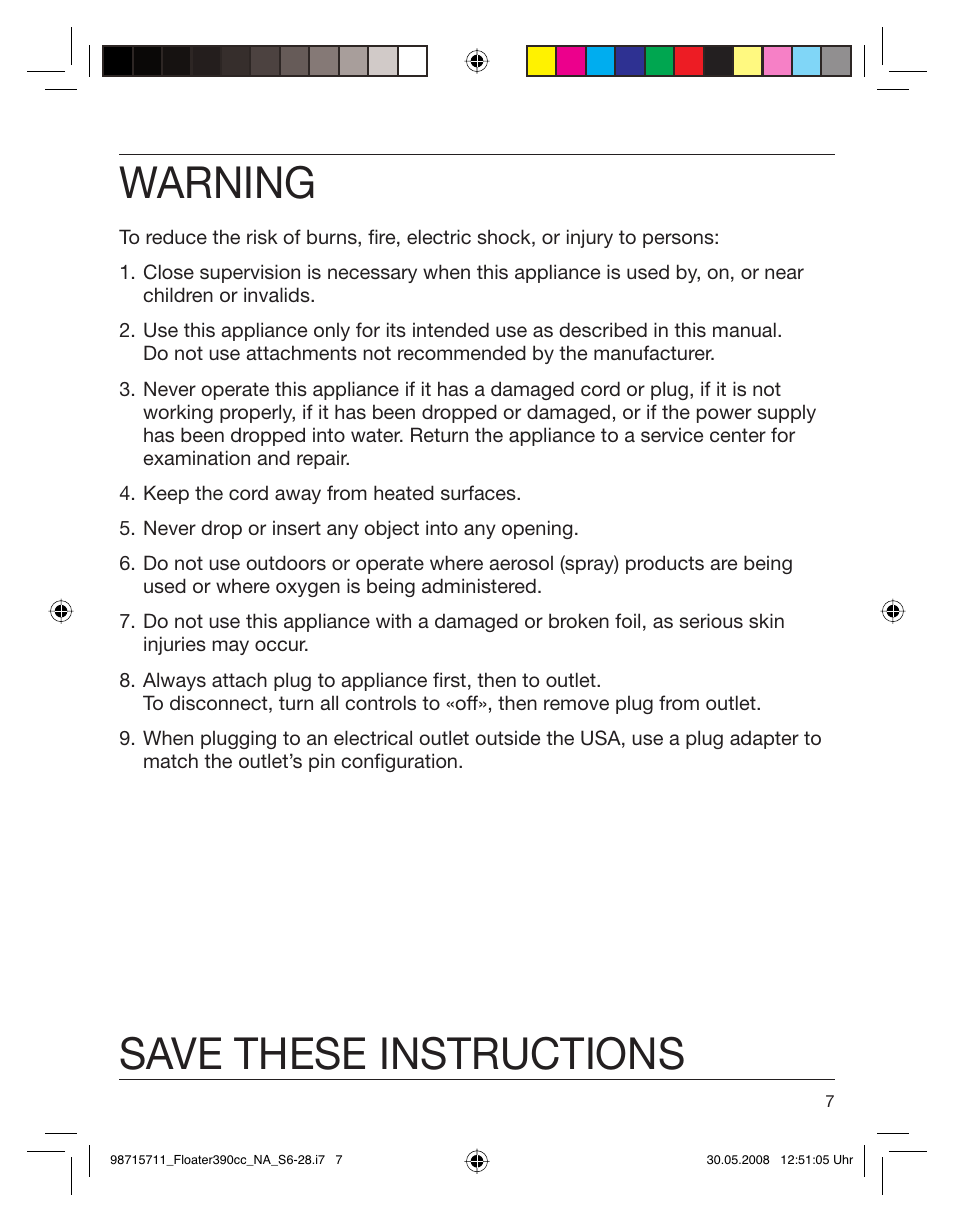 Warning, Save these instructions | Braun 370cc User Manual | Page 7 / 26