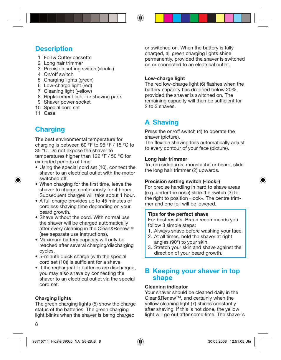 Description, Charging, A shaving | B keeping your shaver in top shape | Braun 370cc User Manual | Page 8 / 26