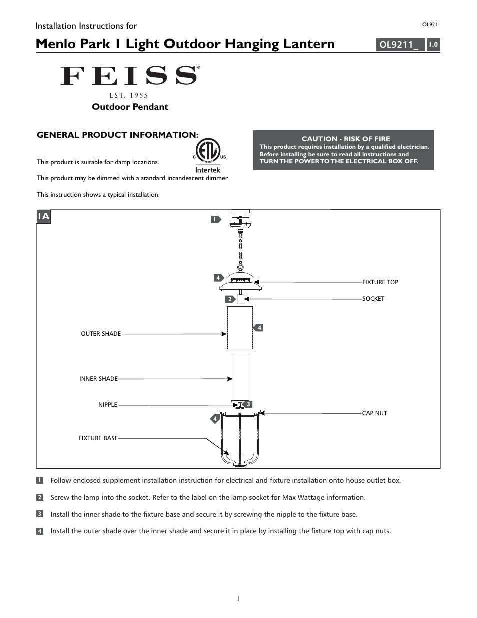 Feiss OL9211 User Manual | 4 pages