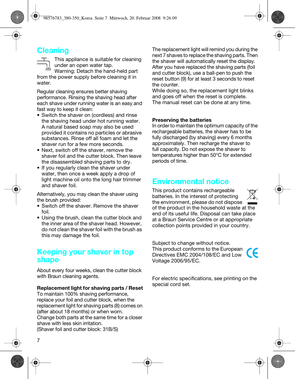 Cleaning, Keeping your shaver in top shape, Environmental notice | Braun 380 User Manual | Page 7 / 8