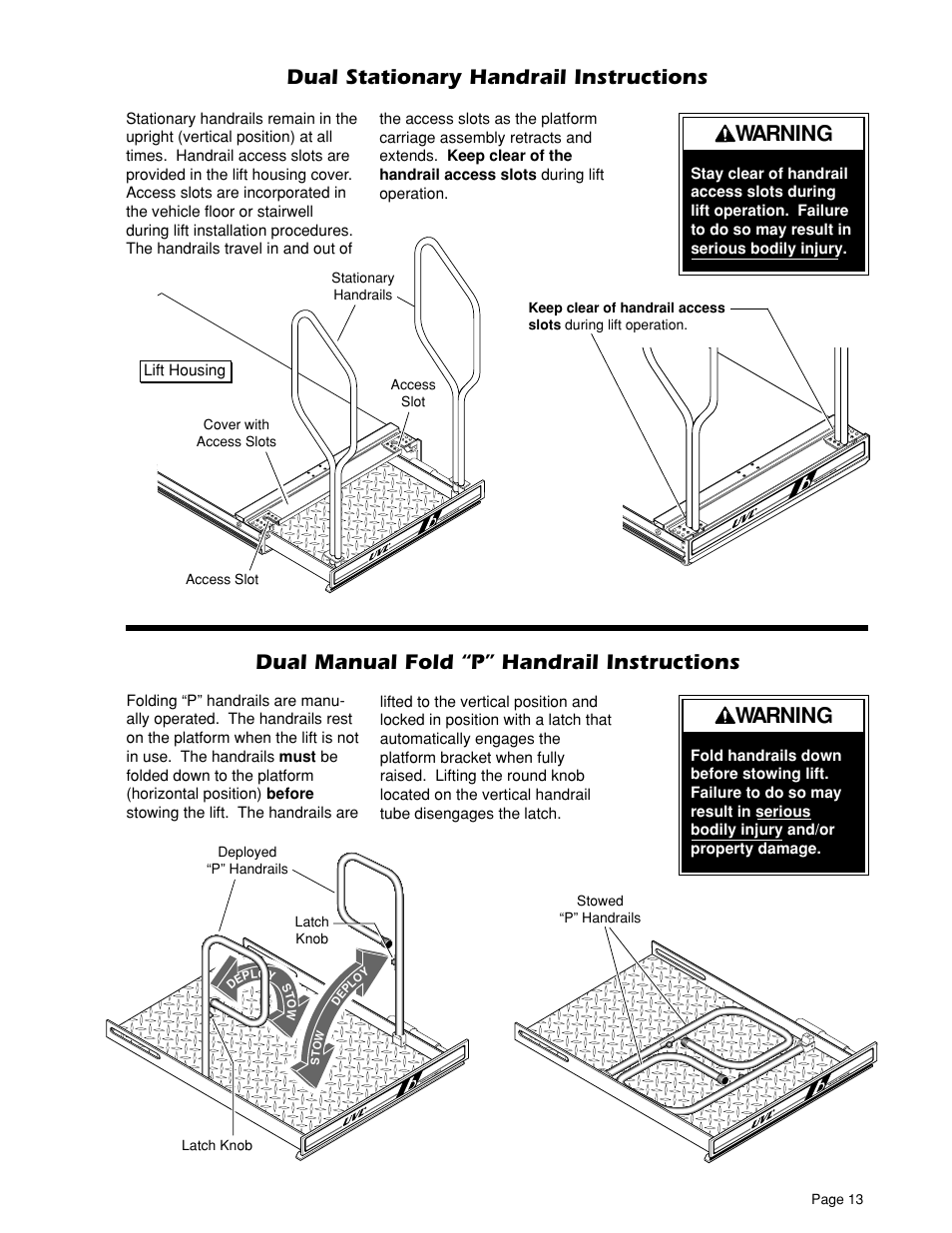 Warning, Dual stationary handrail instructions, Dual manual fold “p” handrail instructions | Braun UVL 604XB User Manual | Page 15 / 27