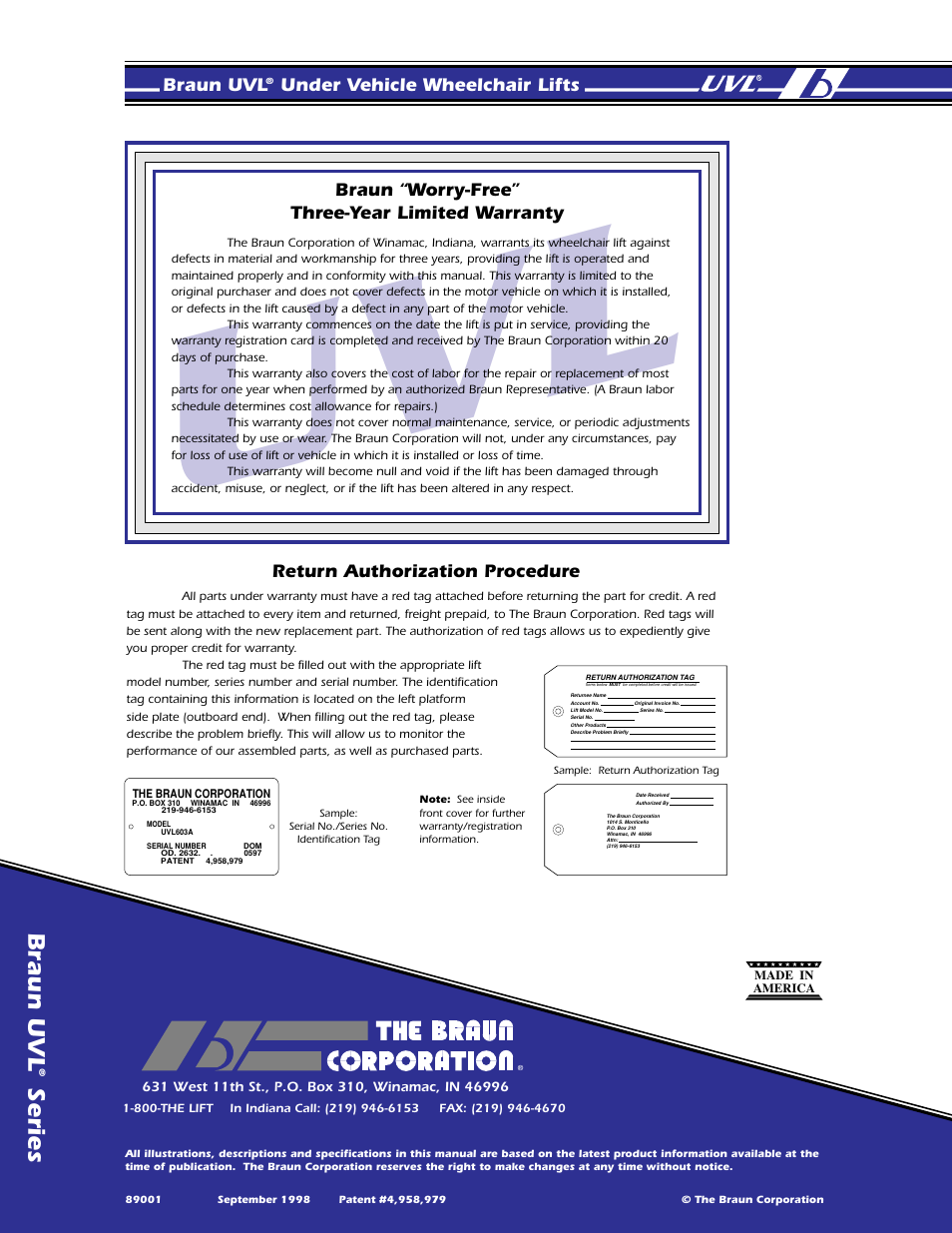 Braun uvl series, Braun uvl under vehicle wheelchair lifts, Return authorization procedure | Braun “worry-free” three-year limited warranty | Braun UVL 604XB User Manual | Page 27 / 27