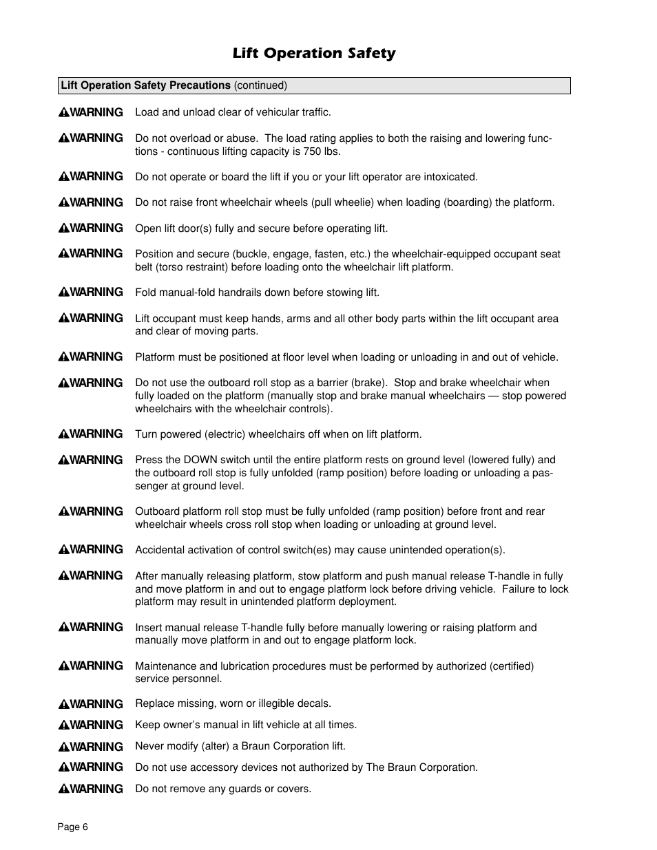 Lift operation safety | Braun UVL 604XB User Manual | Page 8 / 27