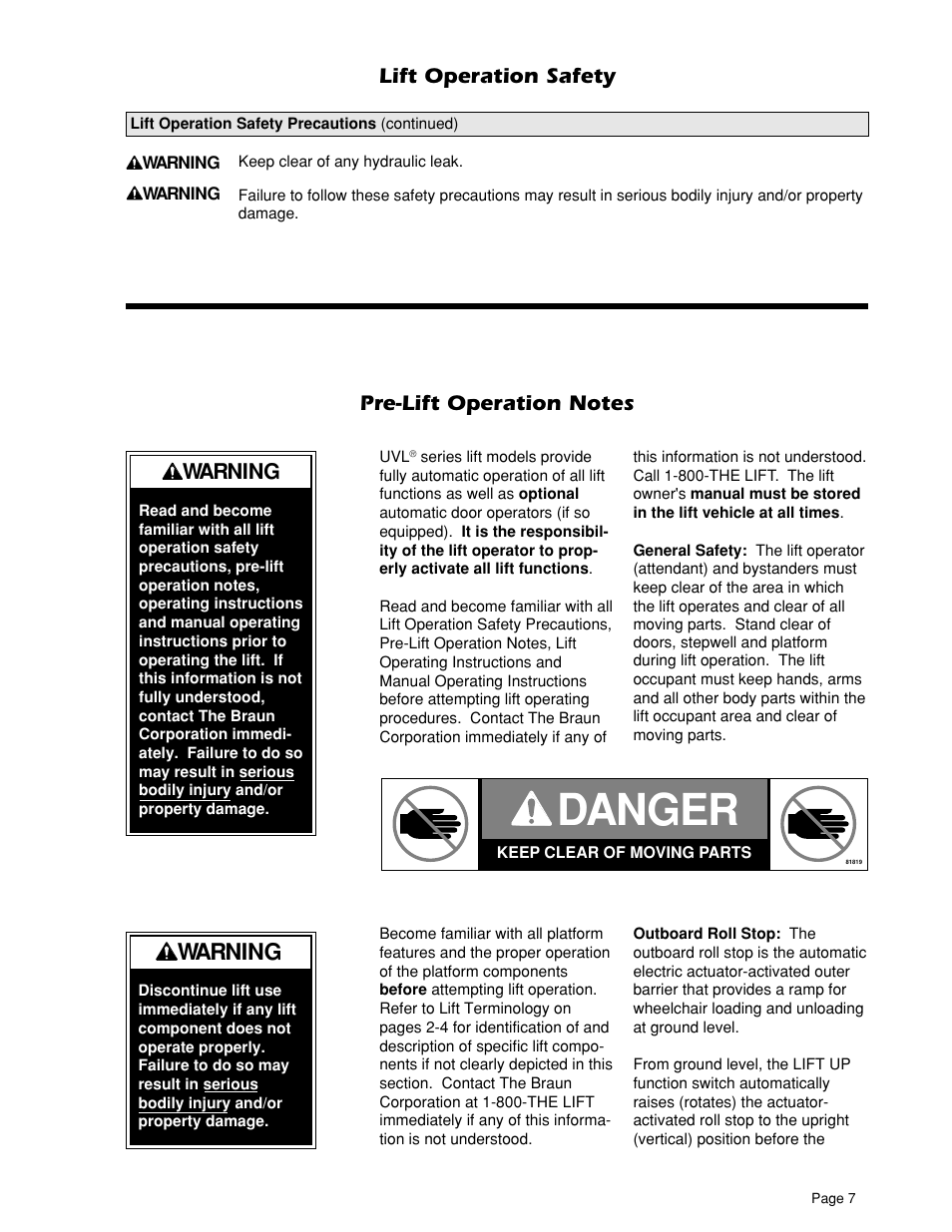 Danger, Warning, Lift operation safety | Braun UVL 604XB User Manual | Page 9 / 27