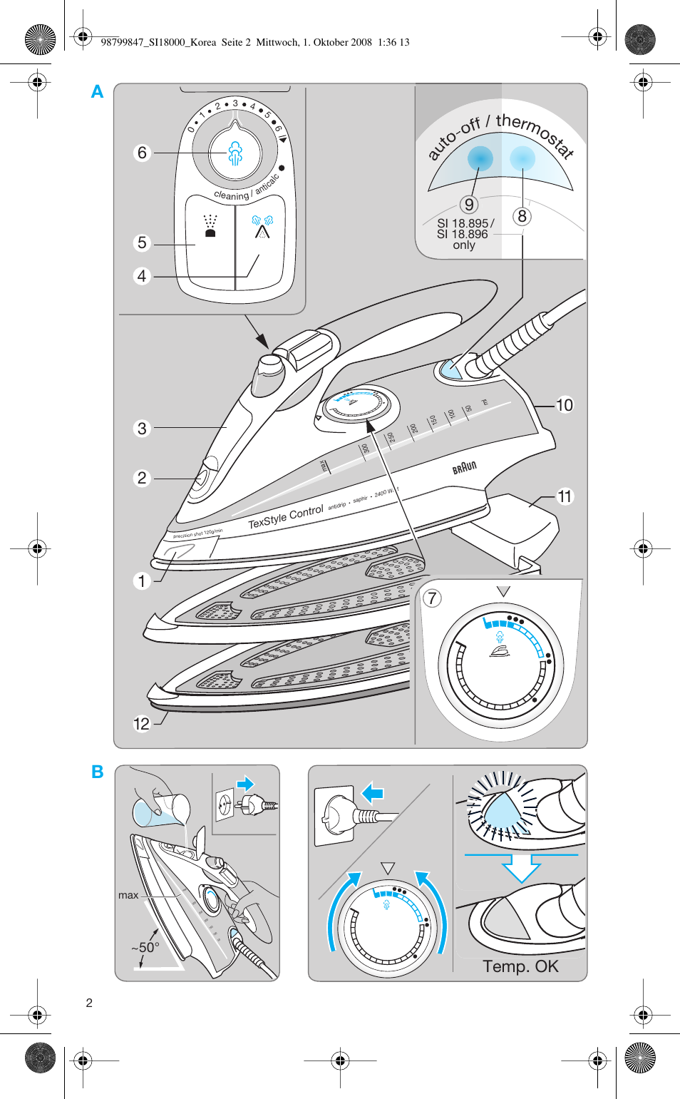 79 8 au to -of f / thermo sta t 9 au to -of f / t, Temp. ok | Braun TexStyle SI 18.720 User Manual | Page 2 / 10