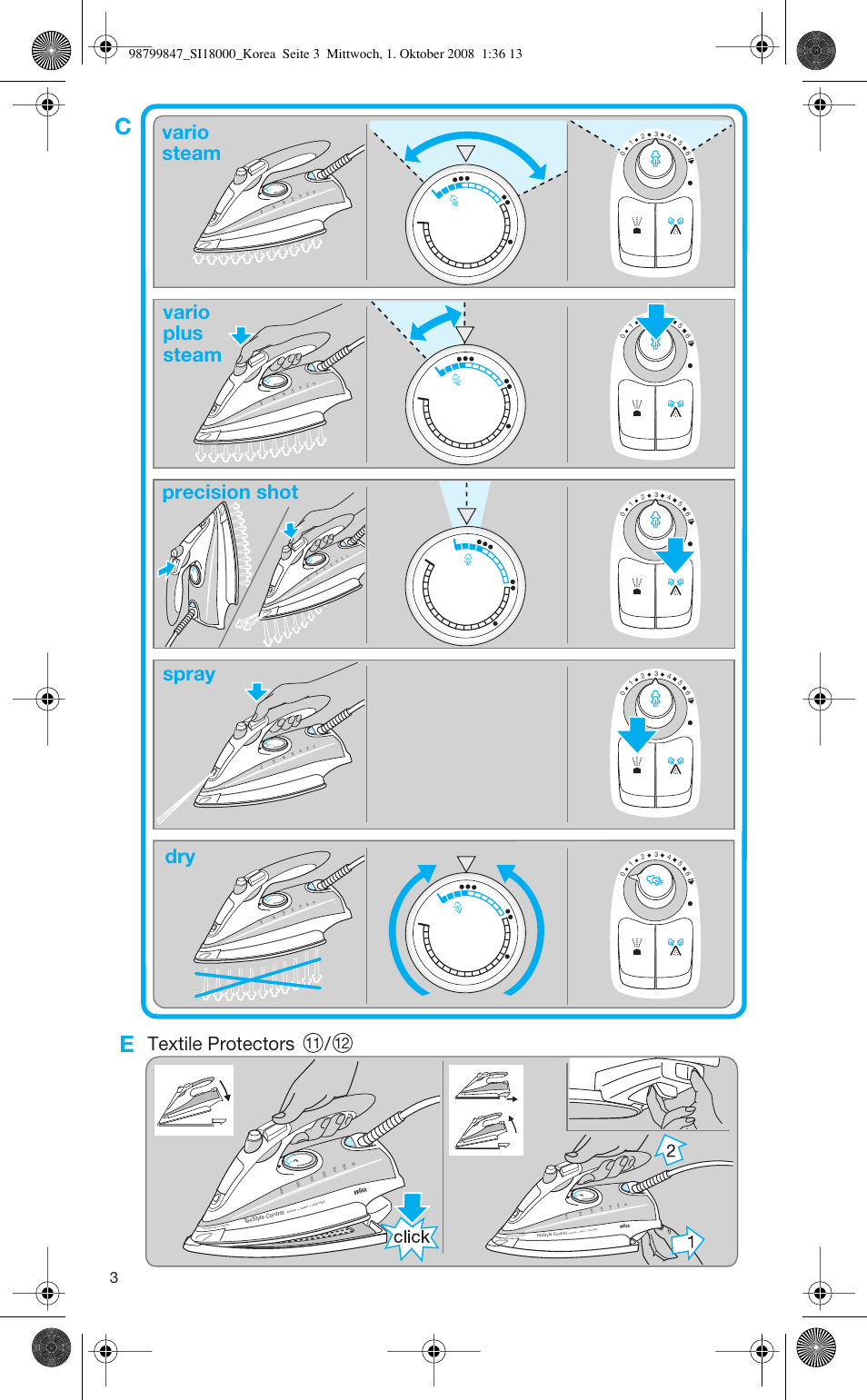 Vario steam vario plus steam spray dry, Precision shot, Textile protectors | P recision shot 120g/min | Braun TexStyle SI 18.720 User Manual | Page 3 / 10