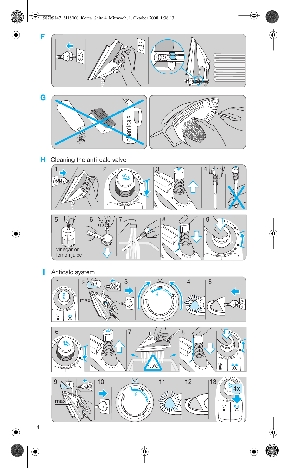 Chemicals, Vinegar or lemon juice | Braun TexStyle SI 18.720 User Manual | Page 4 / 10