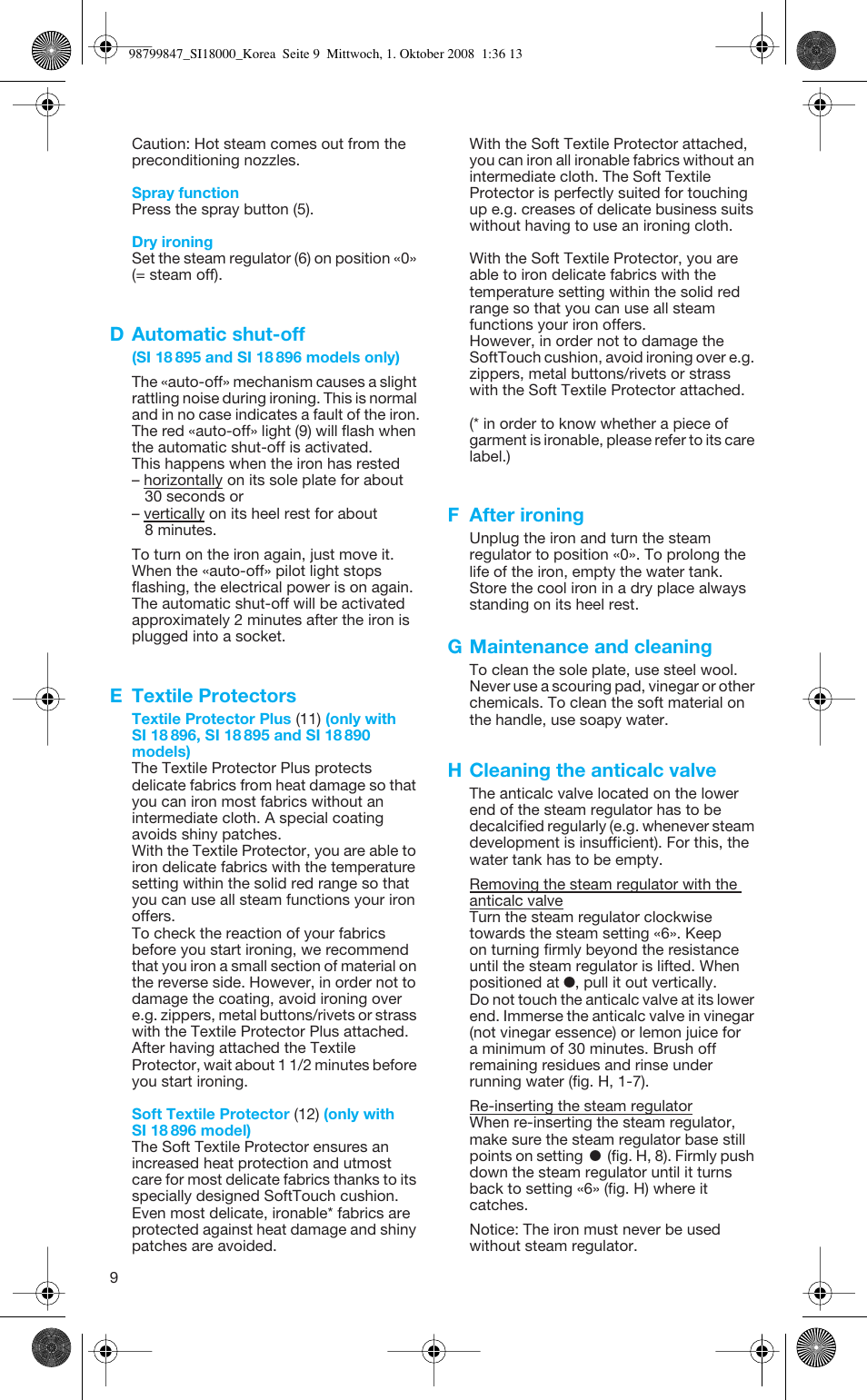 D automatic shut-off, E textile protectors, F after ironing | G maintenance and cleaning, H cleaning the anticalc valve | Braun TexStyle SI 18.720 User Manual | Page 9 / 10