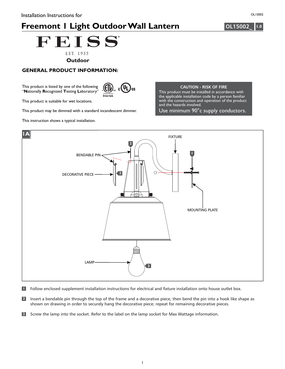 Feiss OL15002 User Manual | 4 pages