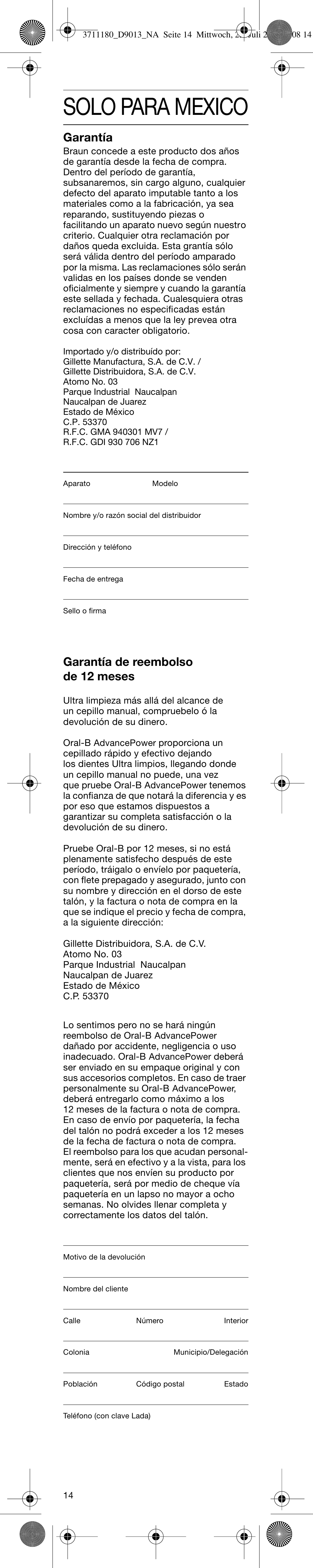 Solo para mexico, Garantía, Garantía de reembolso de 12 meses | Braun D9521 User Manual | Page 14 / 16