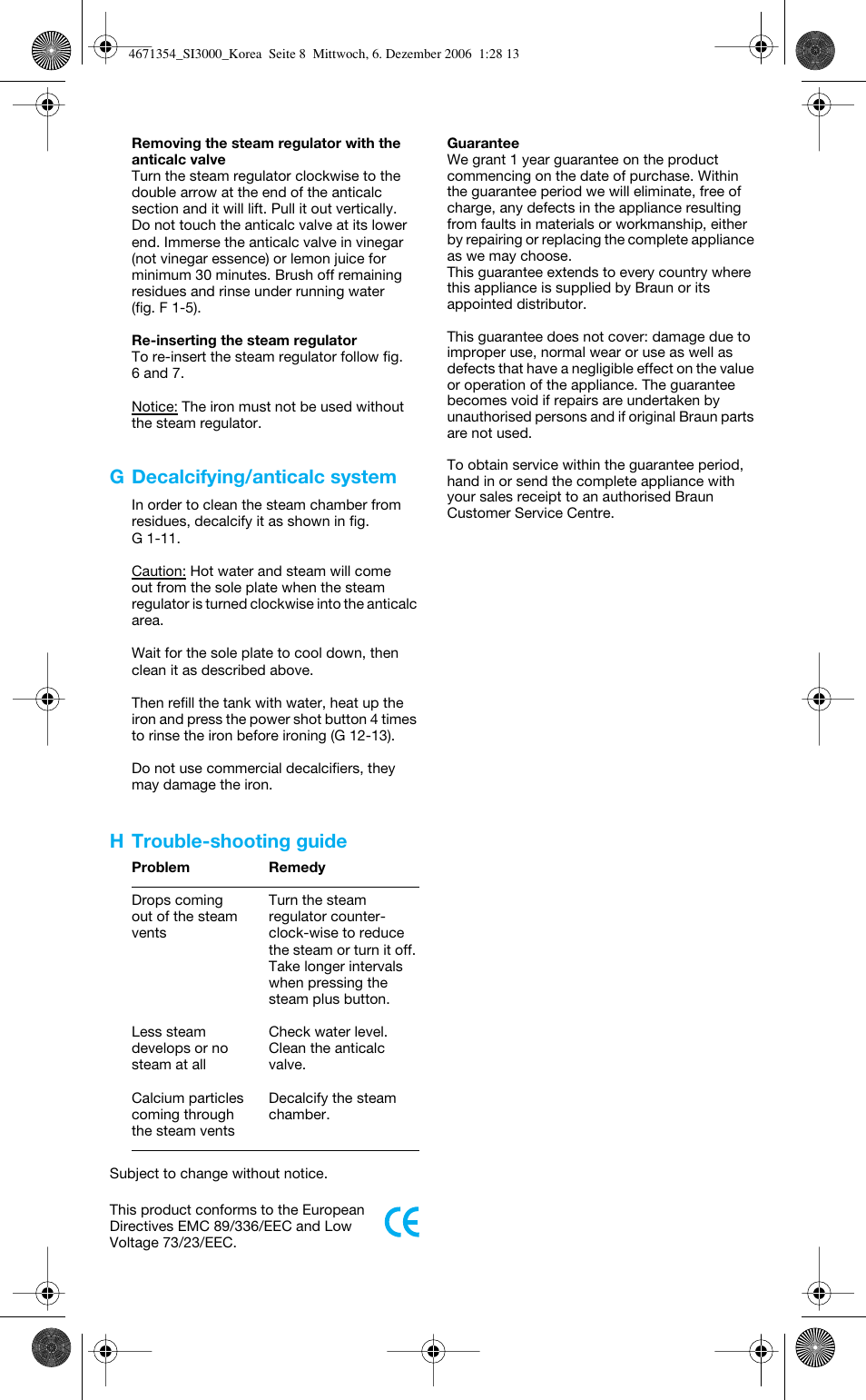 G decalcifying/anticalc system, H trouble-shooting guide | Braun SI 3240 User Manual | Page 8 / 8