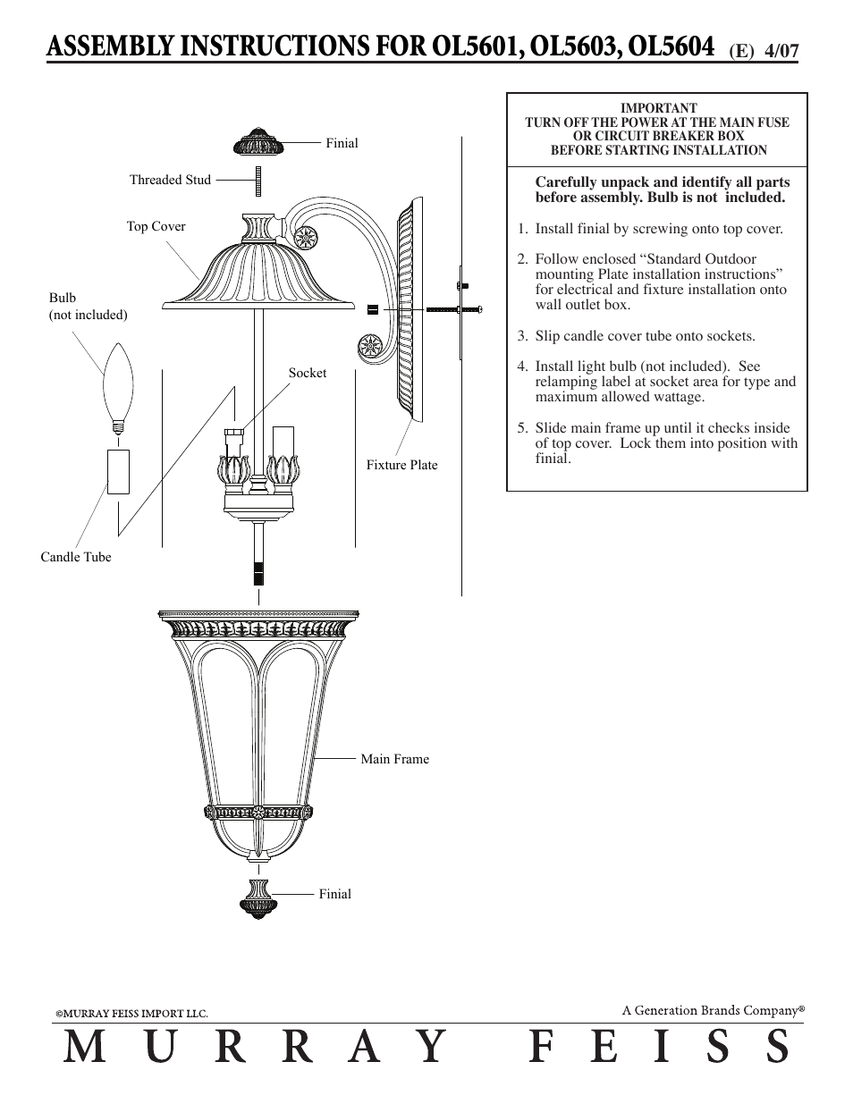 Feiss OL5603 User Manual | 1 page