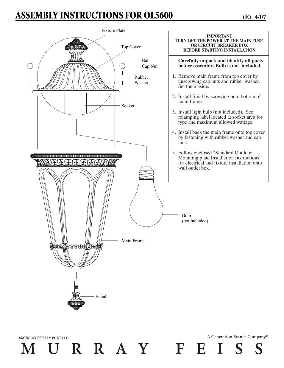 Feiss OL5600 User Manual | 1 page