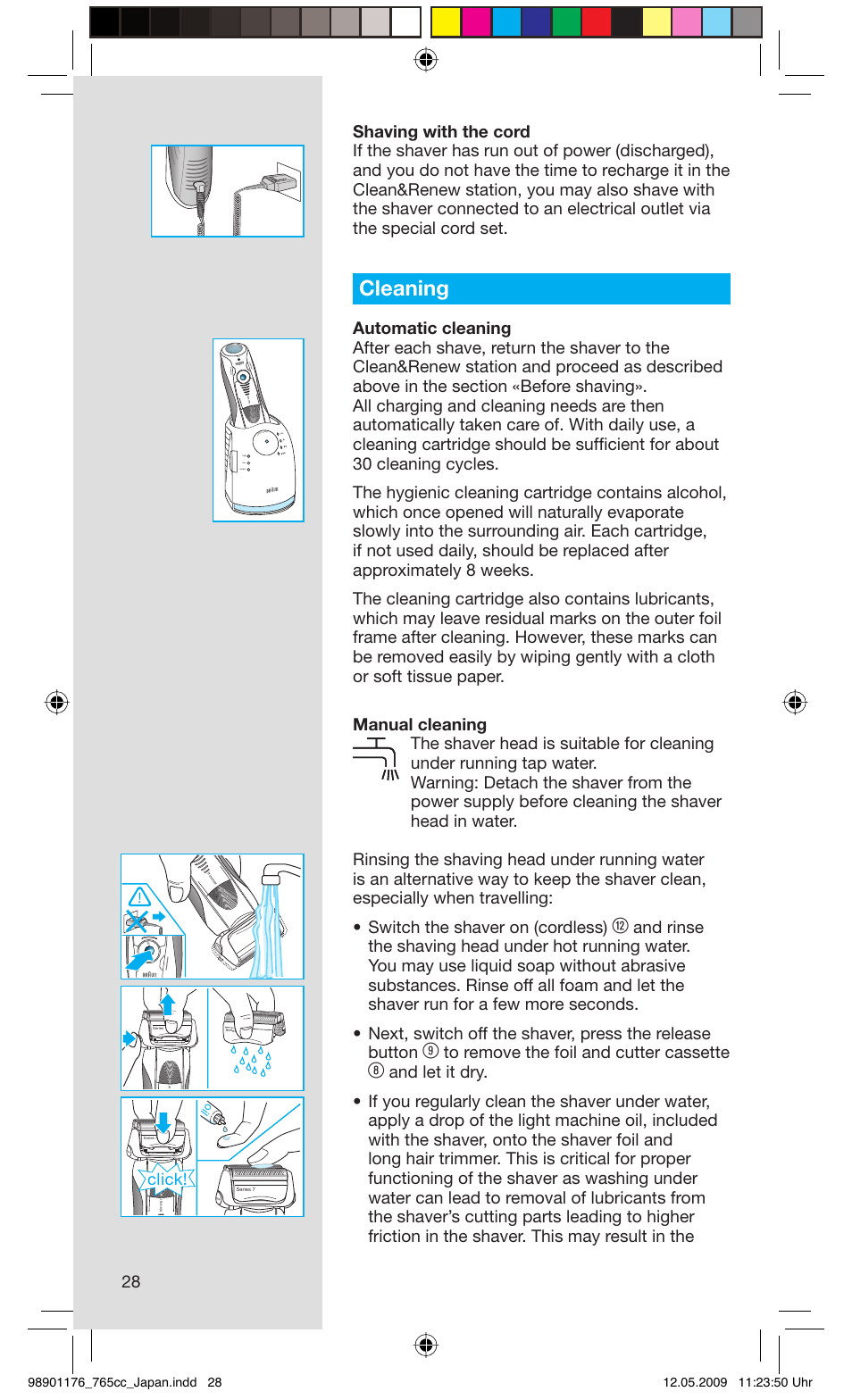 Cleaning, Click, Reset | Braun 760cc-3 Series 7 User Manual | Page 28 / 32