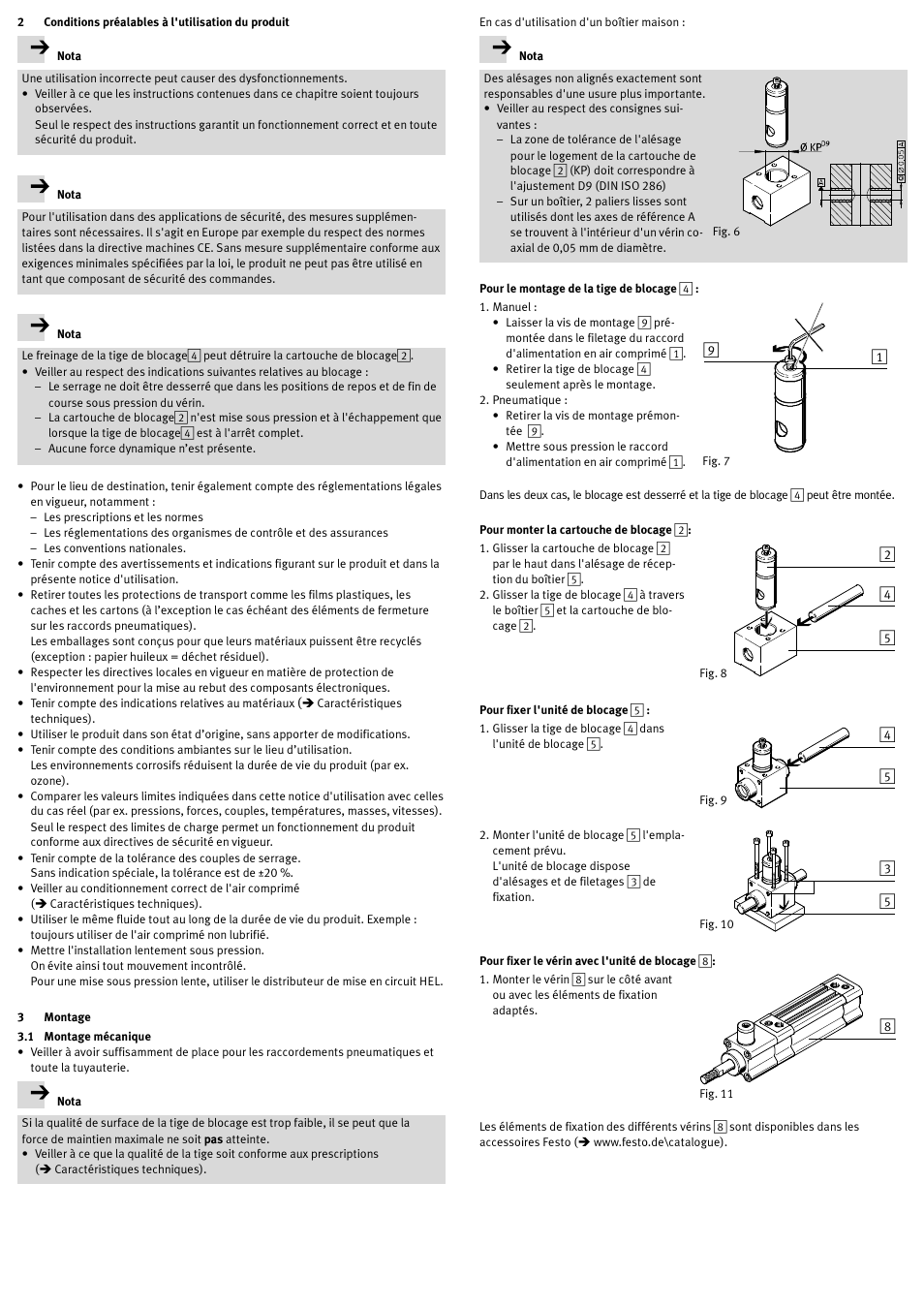 2 conditions préalables à l'utilisation du produit, 3 montage, 1 montage mécanique | Pour le montage de la tige de blocage 4, Pour monter la cartouche de blocage 2, Pour fixer l'unité de blocage 5, Pour fixer le vérin avec l'unité de blocage 8 | Festo DSNU-…-KP User Manual | Page 14 / 24