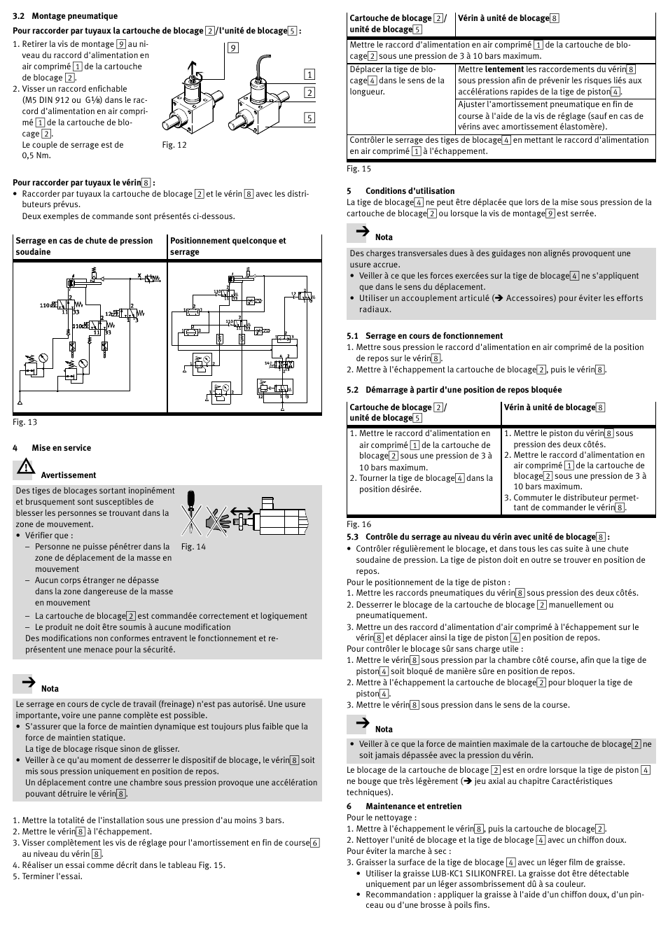 2 montage pneumatique, Pour raccorder par tuyaux le vérin8, 4 mise en service | 5 conditions d'utilisation, 1 serrage en cours de fonctionnement, 6 maintenance et entretien | Festo DSNU-…-KP User Manual | Page 15 / 24