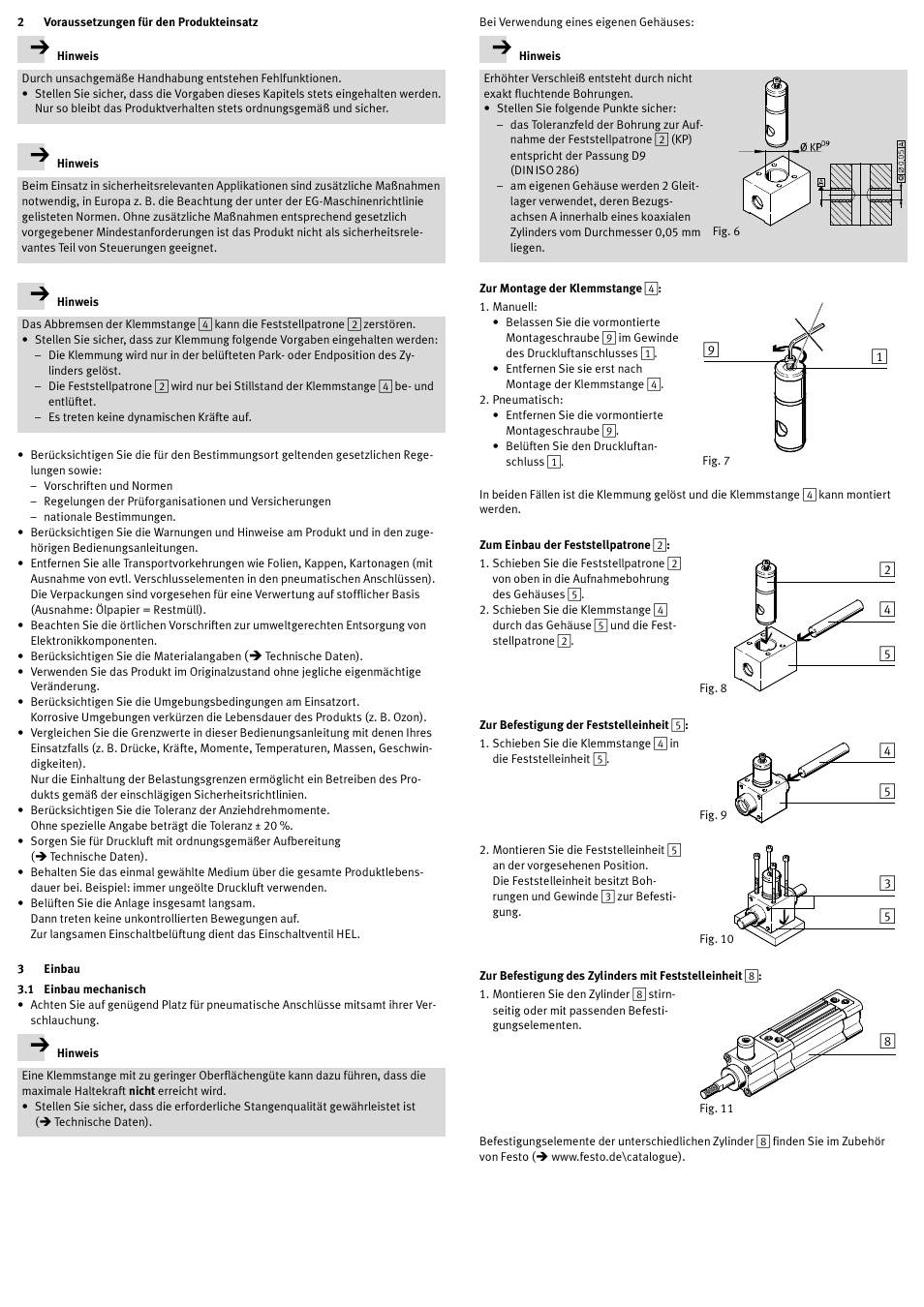 2 voraussetzungen für den produkteinsatz, 3 einbau, 1 einbau mechanisch | Zur montage der klemmstange 4, Zum einbau der feststellpatrone 2, Zur befestigung der feststelleinheit 5 | Festo DSNU-…-KP User Manual | Page 2 / 24