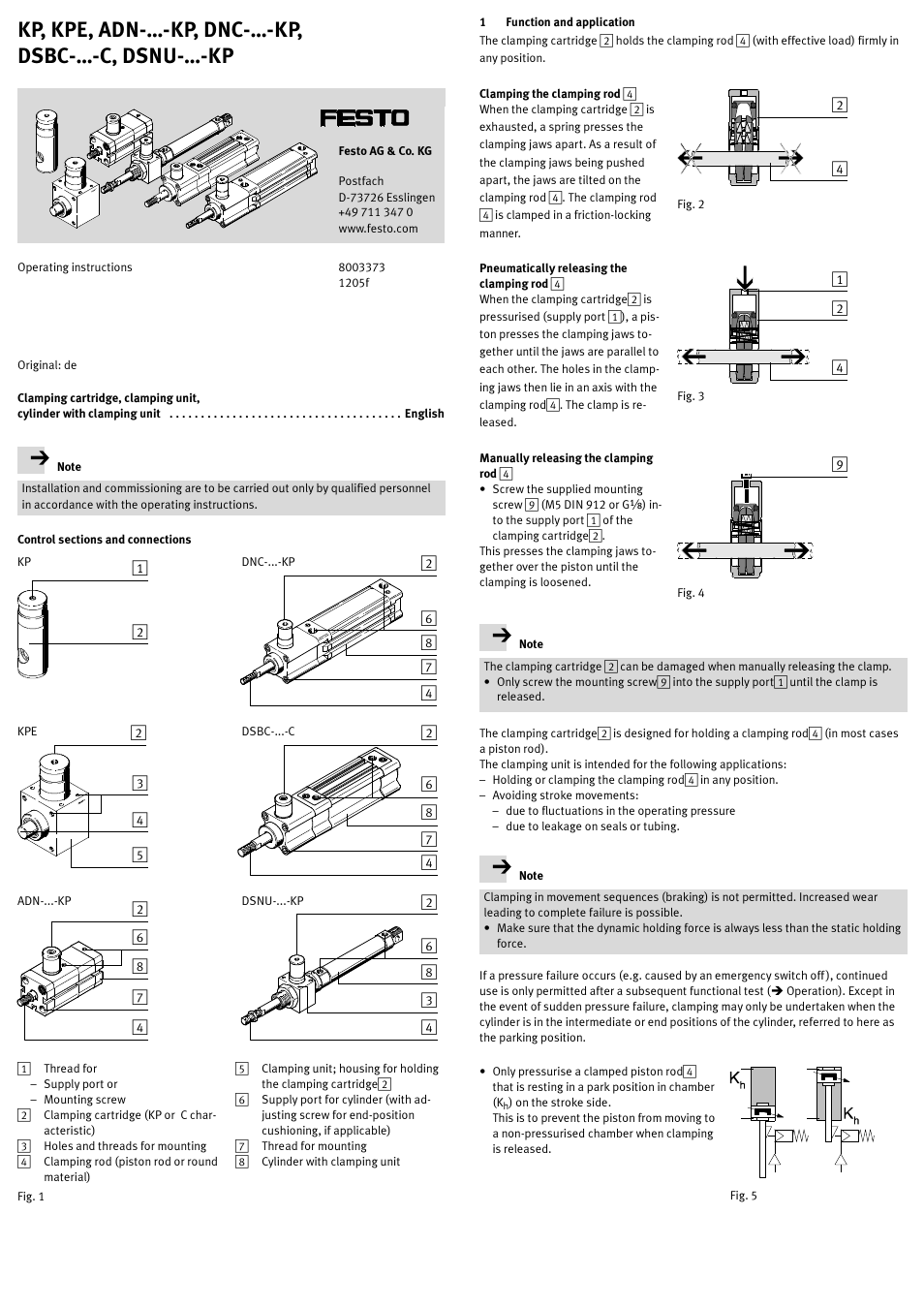 1 function and application, Kp, kpe, adn-…-kp, dnc-…-kp, dsbc-…-c, dsnu-…-kp | Festo DSNU-…-KP User Manual | Page 5 / 24