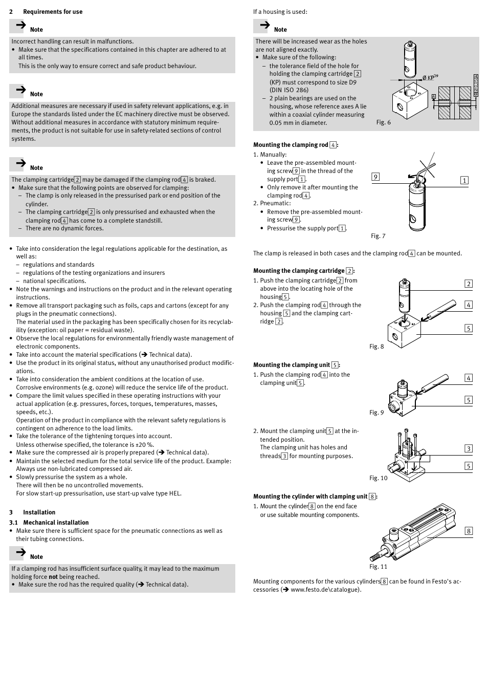 2 requirements for use, 3 installation, 1 mechanical installation | Mounting the clamping rod 4, Mounting the clamping cartridge 2, Mounting the clamping unit 5, Mounting the cylinder with clamping unit 8 | Festo DSNU-…-KP User Manual | Page 6 / 24
