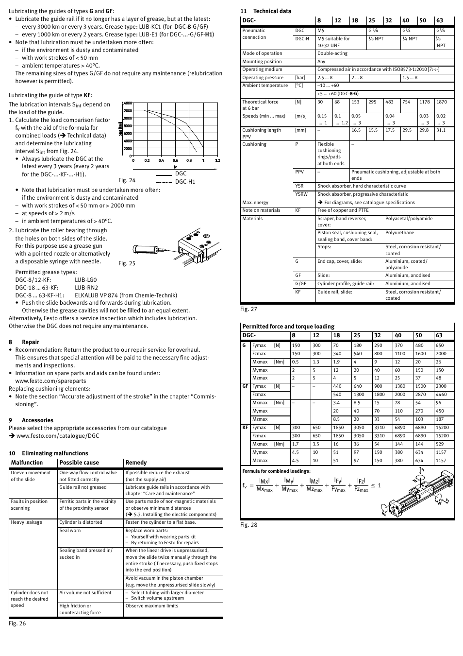 8 repair, 9 accessories, 10 eliminating malfunctions | 11 technical data | Festo DGC-8 ... 63-... User Manual | Page 8 / 24