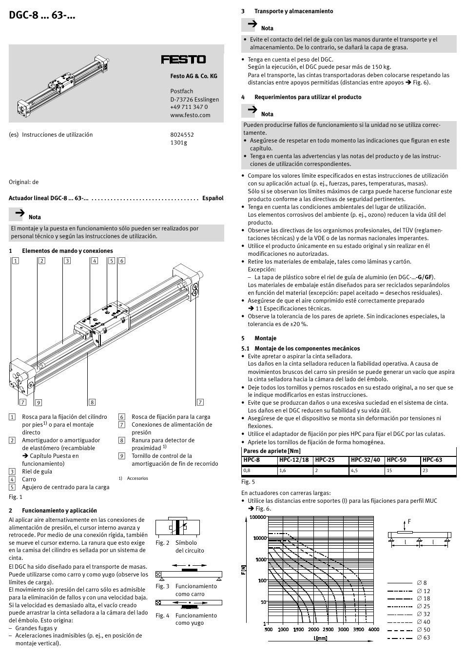 Actuador lineal dgc-8 -... español, 1 elementos de mando y conexiones, 2 funcionamiento y aplicación | 3 transporte y almacenamiento, 4 requerimientos para utilizar el producto, 5 montaje, 1 montaje de los componentes mecánicos, Dgc-8 | Festo DGC-8 ... 63-... User Manual | Page 9 / 24
