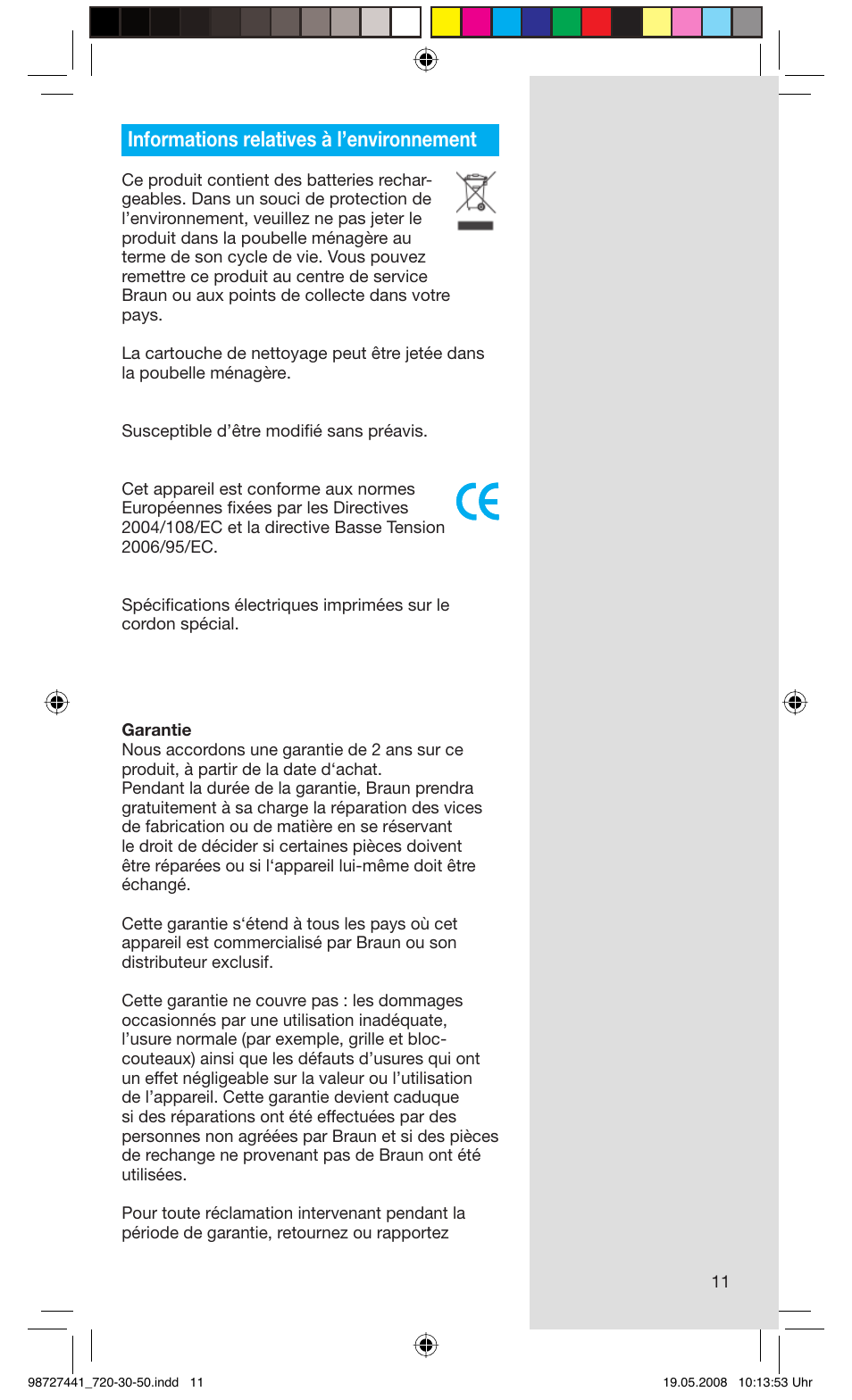 Informations relatives à l’environnement | Braun 750 User Manual | Page 11 / 61