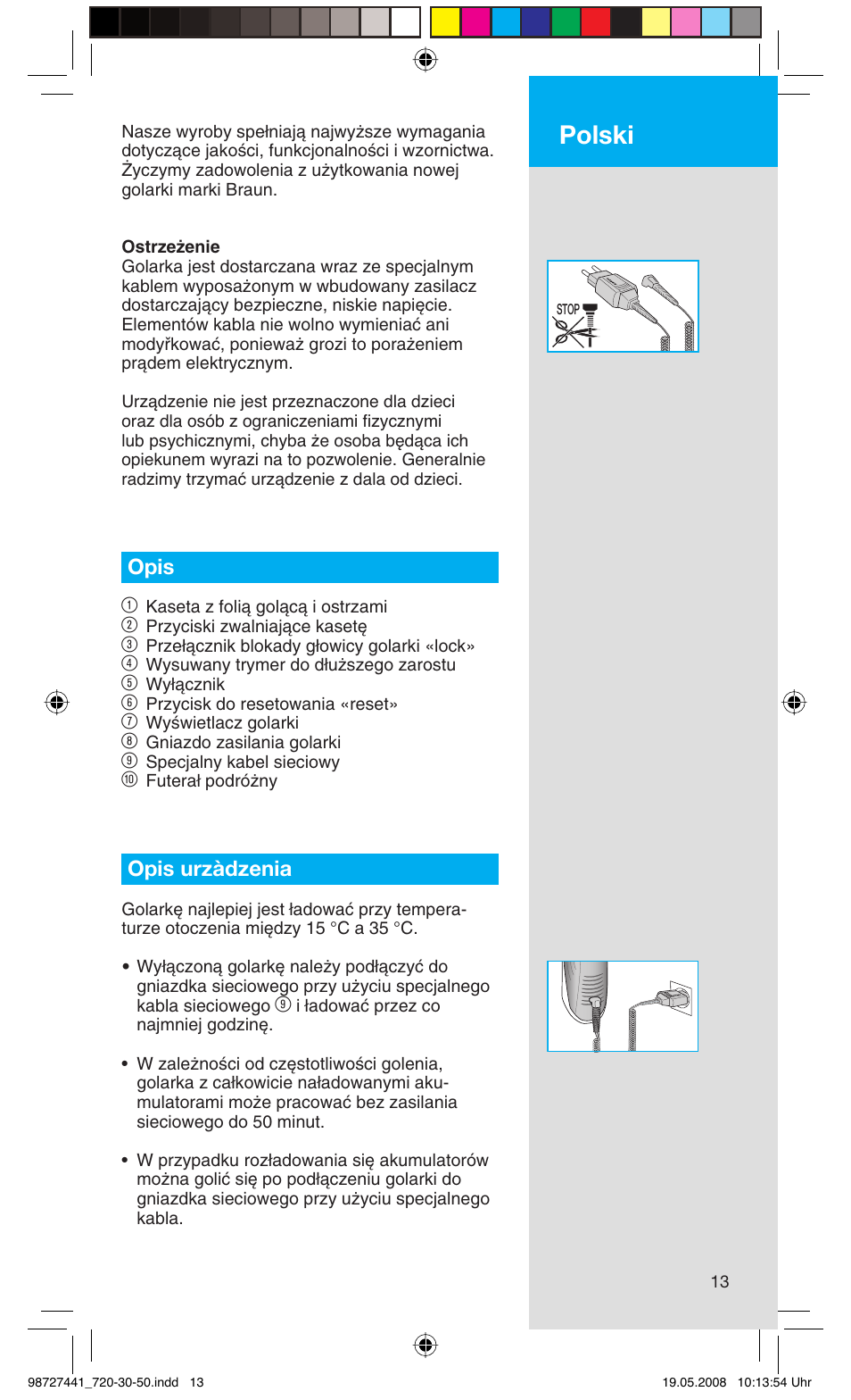 Polski, Opis 1, Opis urzàdzenia | Braun 750 User Manual | Page 13 / 61