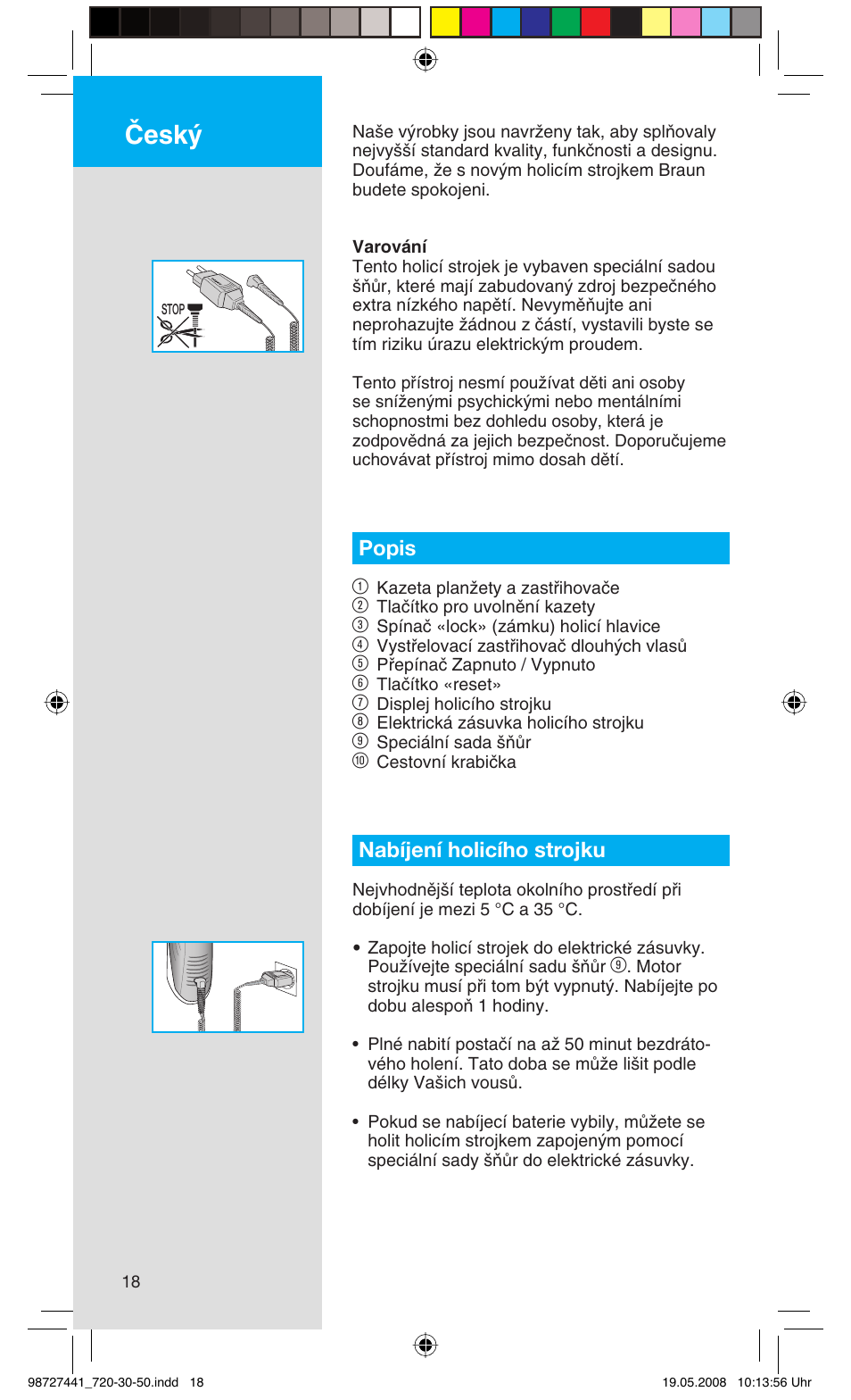 Âesk, Popis 1, Nabíjení holicího strojku | Braun 750 User Manual | Page 18 / 61