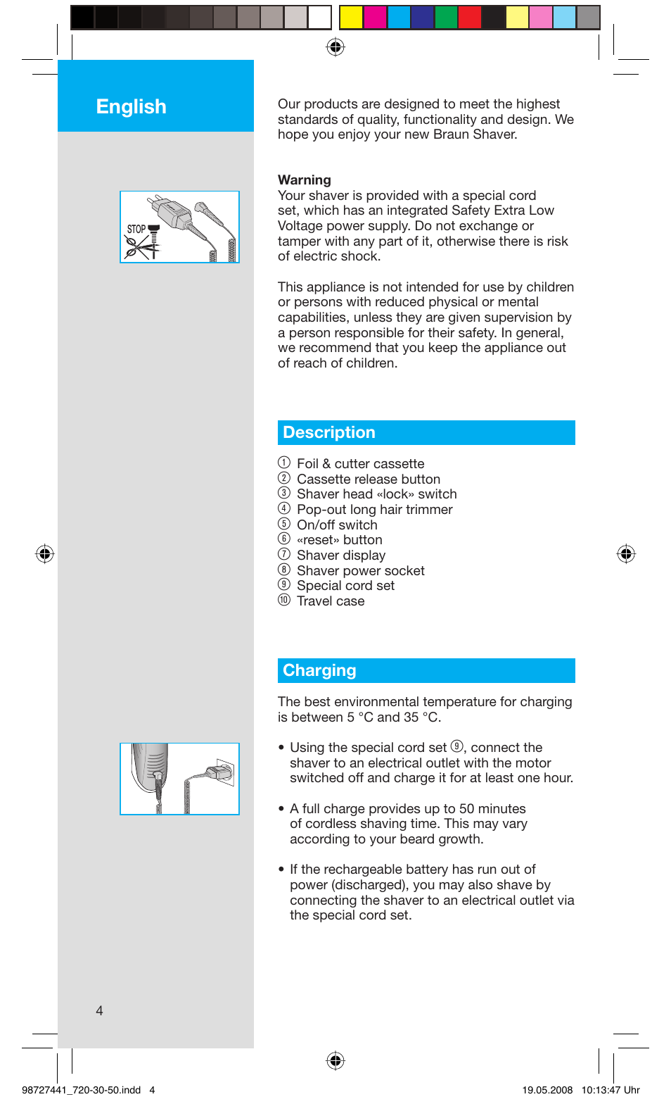 English, Description 1, Charging | Braun 750 User Manual | Page 4 / 61