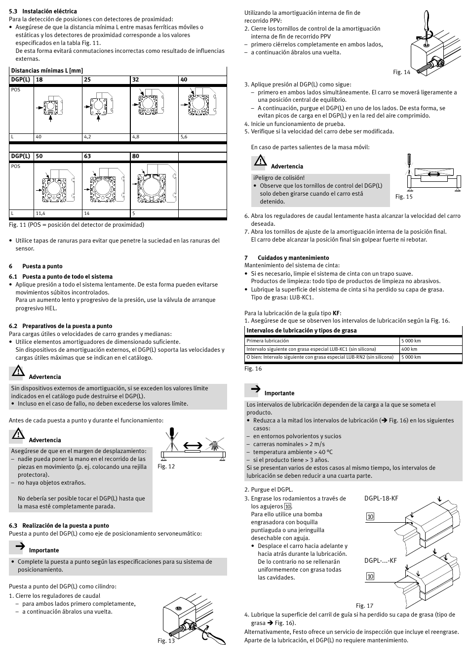 3 instalación eléctrica, 6 puesta a punto, 1 puesta a punto de todo el sistema | 2 preparativos de la puesta a punto, 3 realización de la puesta a punto, 7 cuidados y mantenimiento | Festo DGP(L)-…-B User Manual | Page 11 / 24