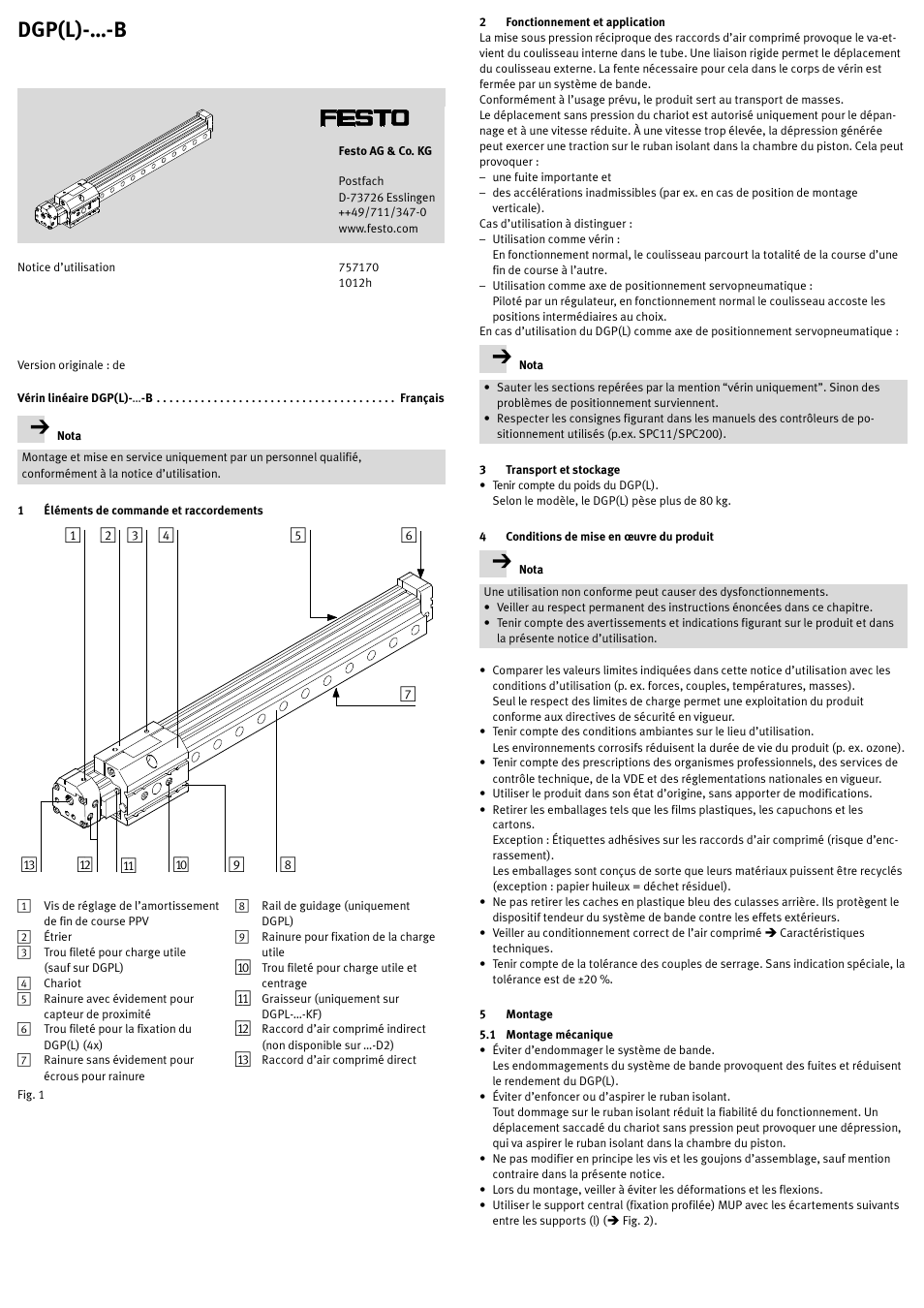 Vérin linéaire dgp(l)-…-b français, 1 éléments de commande et raccordements, 2 fonctionnement et application | 3 transport et stockage, 4 conditions de mise en œuvre du produit, 5 montage, 1 montage mécanique, Dgp(l)-…-b | Festo DGP(L)-…-B User Manual | Page 13 / 24