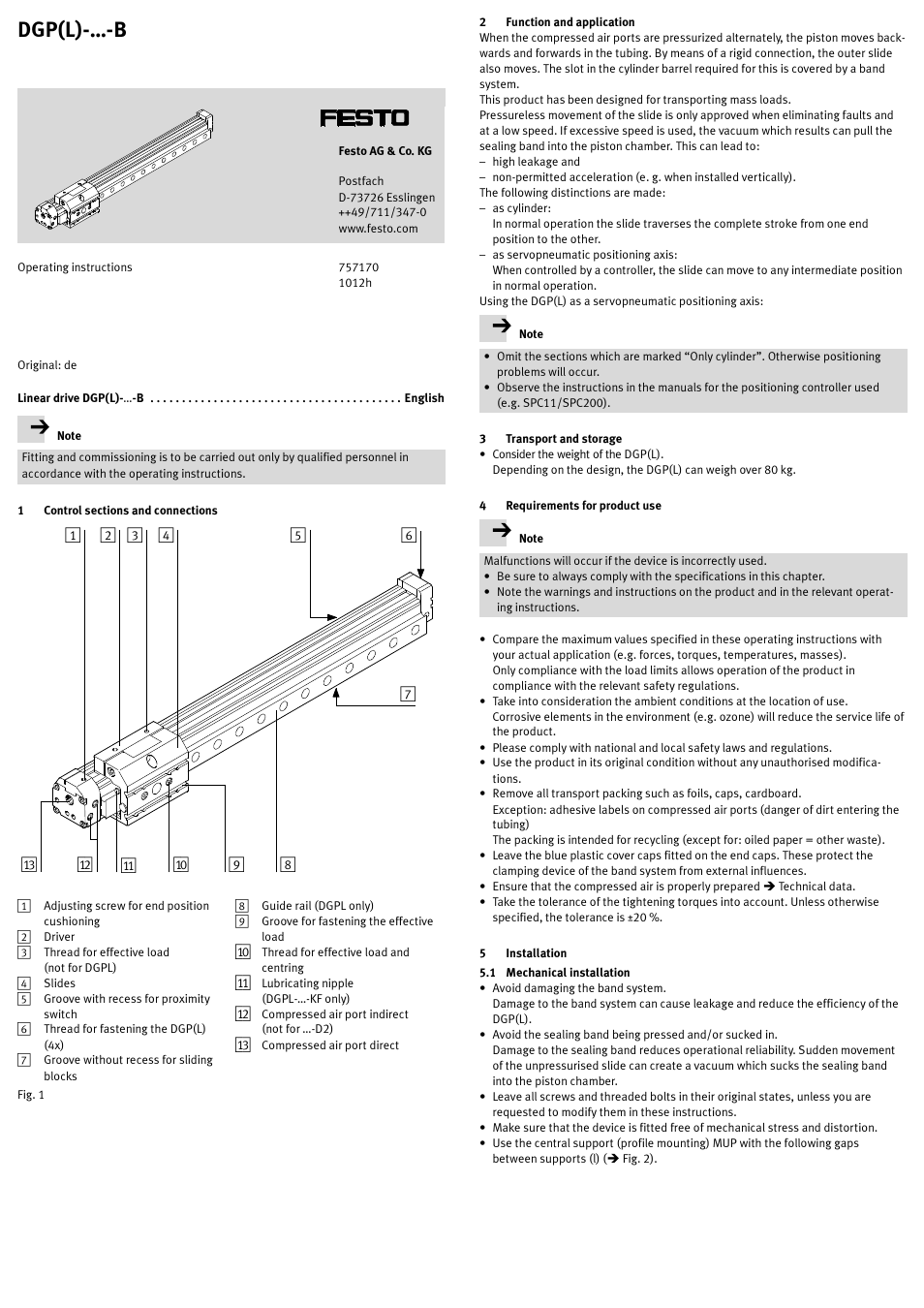 Linear drive dgp(l)-…-b english, 1 control sections and connections, 2 function and application | 3 transport and storage, 4 requirements for product use, 5 installation, 1 mechanical installation, Dgp(l)-…-b | Festo DGP(L)-…-B User Manual | Page 5 / 24