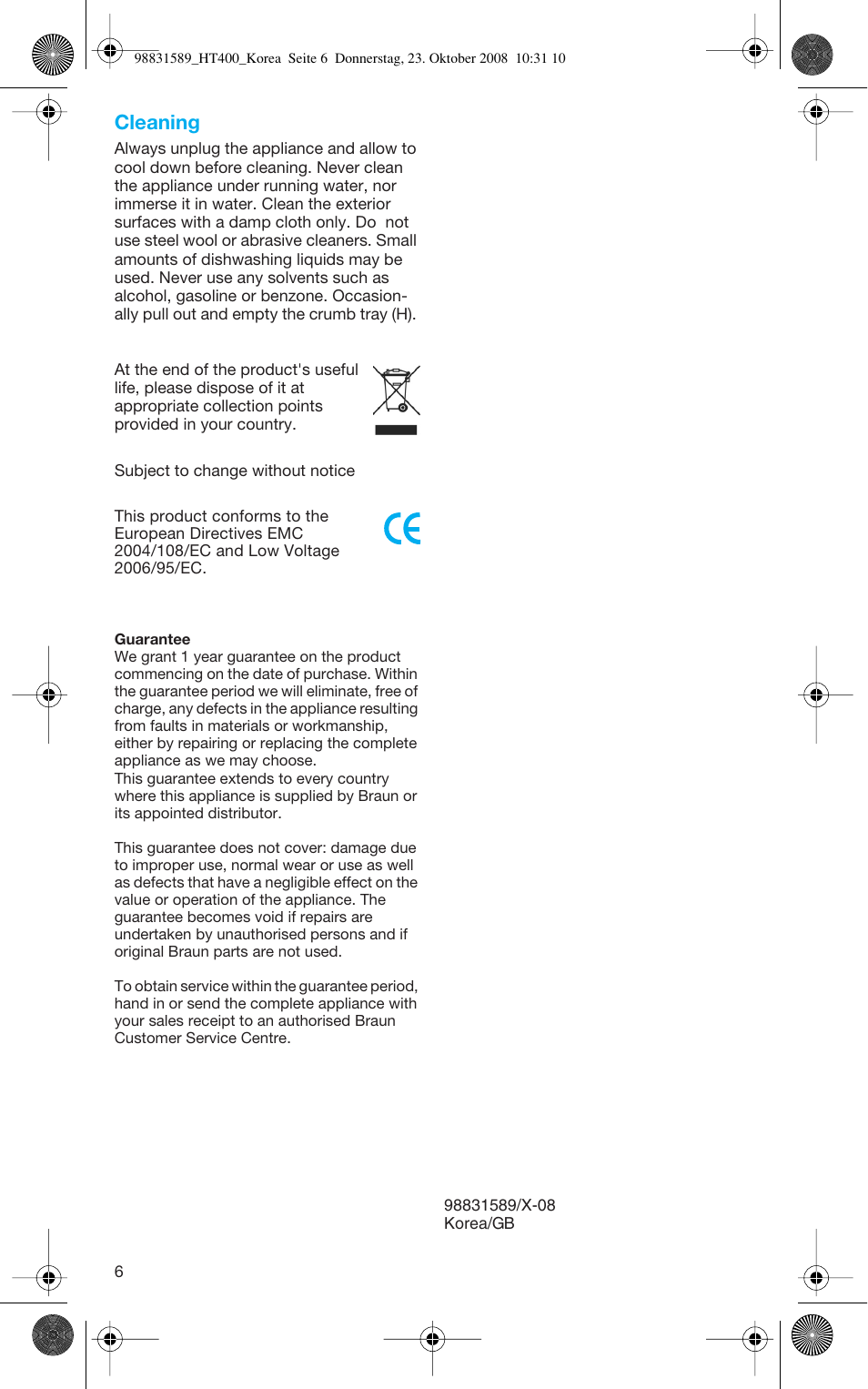 Cleaning | Braun HT400 User Manual | Page 6 / 6