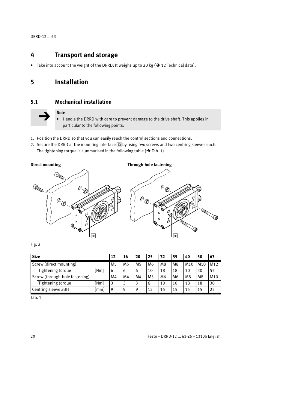 4 transport and storage, 5 installation, 1 mechanical installation | 4transport and storage, 5installation | Festo DRRD-12 ... 63 User Manual | Page 20 / 88